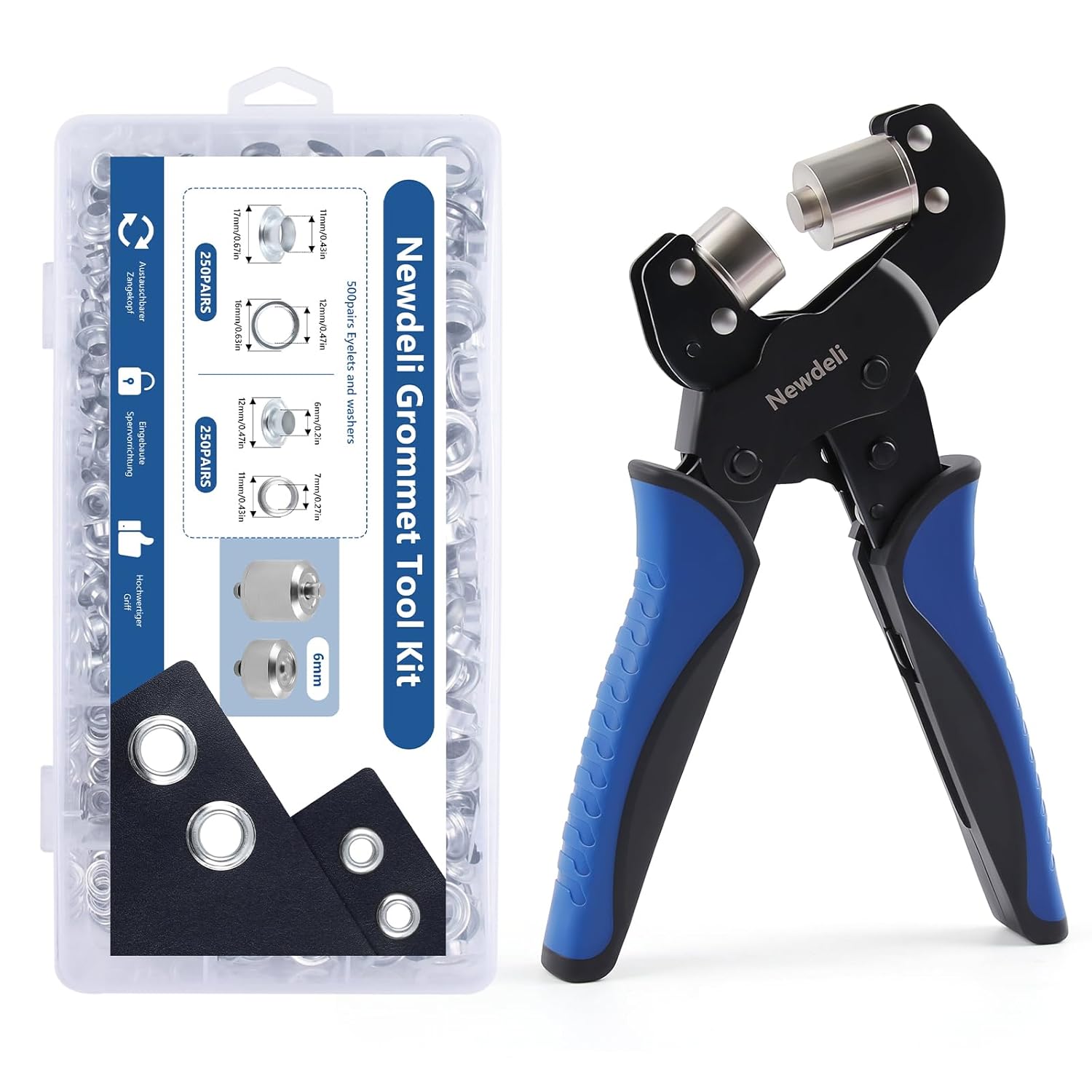 Newdeli Grommet Tool Kit- 3/8 inch Handheld Grommet Plier with Interchange 1/4 inch Grommet Die and 500 Pairs 3/8″ 1/4″ Metal Eyelets and Grommets for Fabric Tarps Leather- 10mm 6mm Punch Eyelet Tool