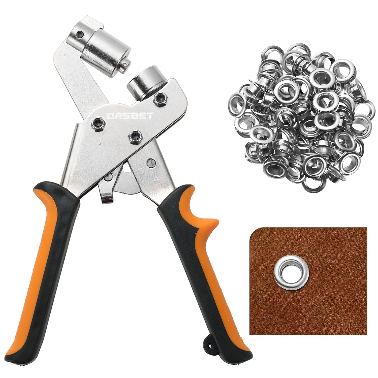 DASBET Grommet Handheld Hole Punch Plier | Portable Handheld Grommet Pliers Hand Press Tool with 500pcs Grommets of 3/8 Inch (10mm) Silver Eyelets