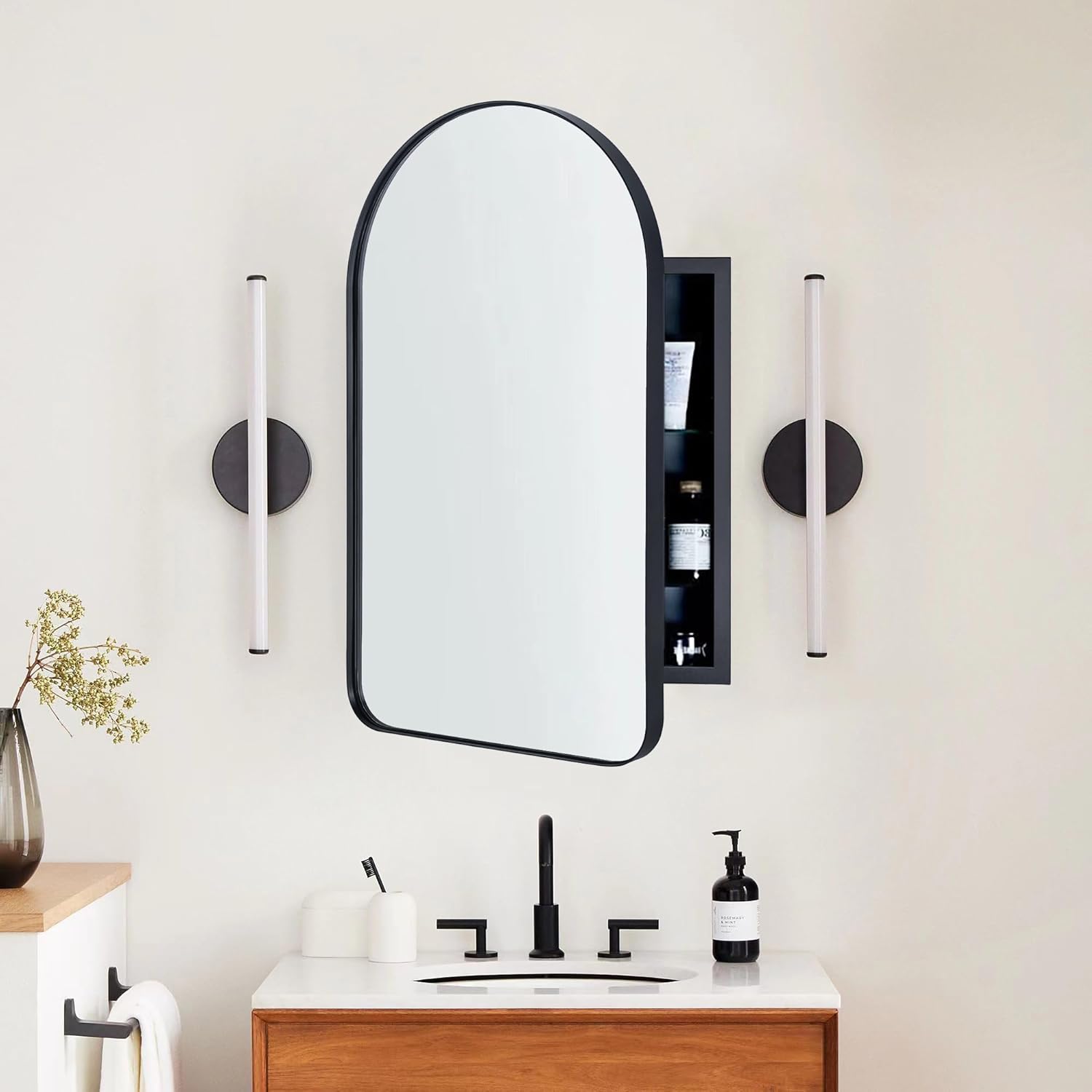 Matt Black Arched Recessed Bathroom Medicine Cabinet with Mirror Stainless Steel Metal Framed Rectangular Bathroom Cabinet with Mirror 20×30”