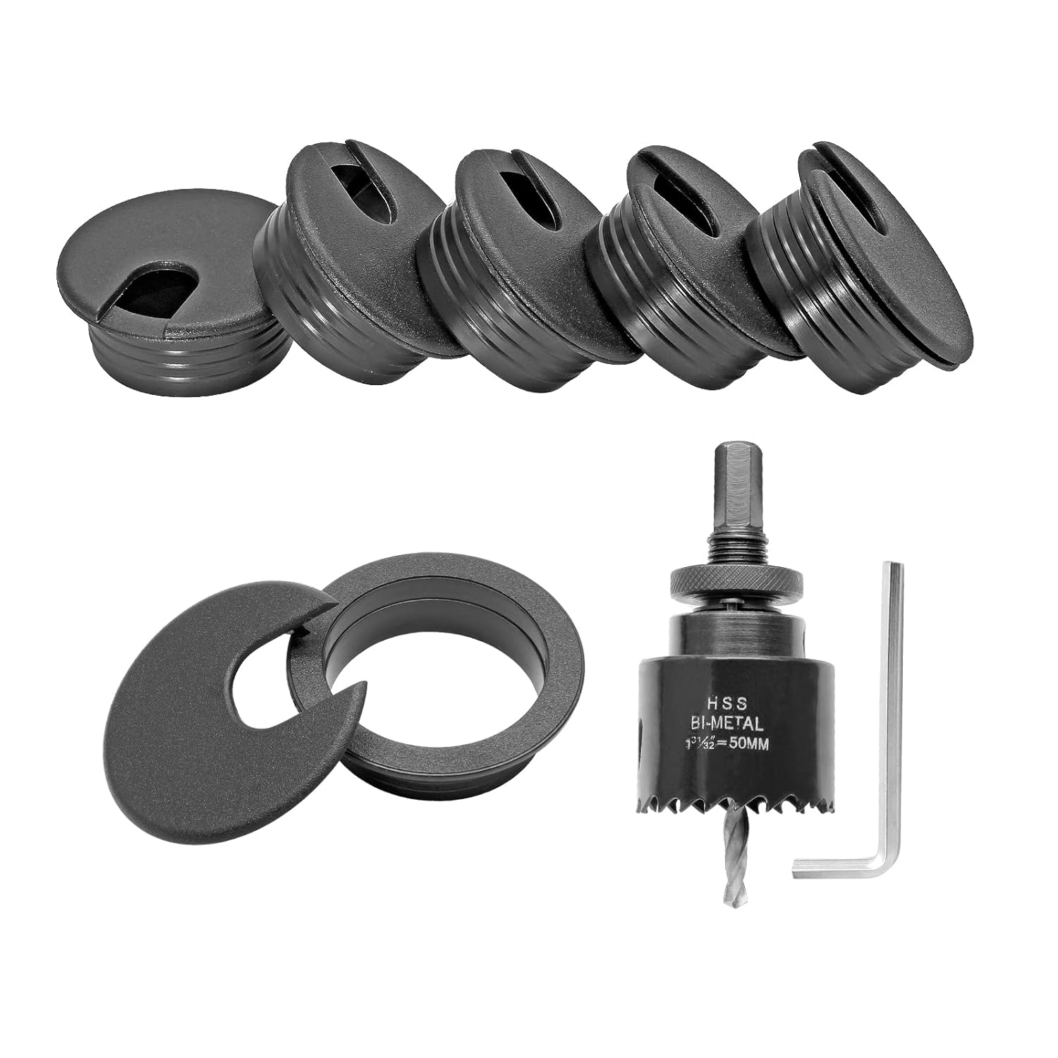 2 Inch Cord Desk Grommet (5Pcs) and Hole Saw Kit, Black Wire Hole Cover Furniture Cable Grommet Drill Bit Set Bi-Metal Hole Saw Cover for Table Office Desktop