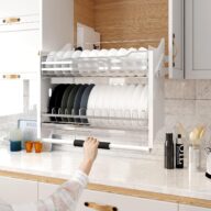 WHIFEA 2 Tier Pull-Out Cabinet Organizer Drop Down Shelf Blind Pull-Down Dish and Spice Rack System Inner Space Saving Plate for Kitchen Appliance Lift Upper Cabinet (for Cabinet Width ≥24”)