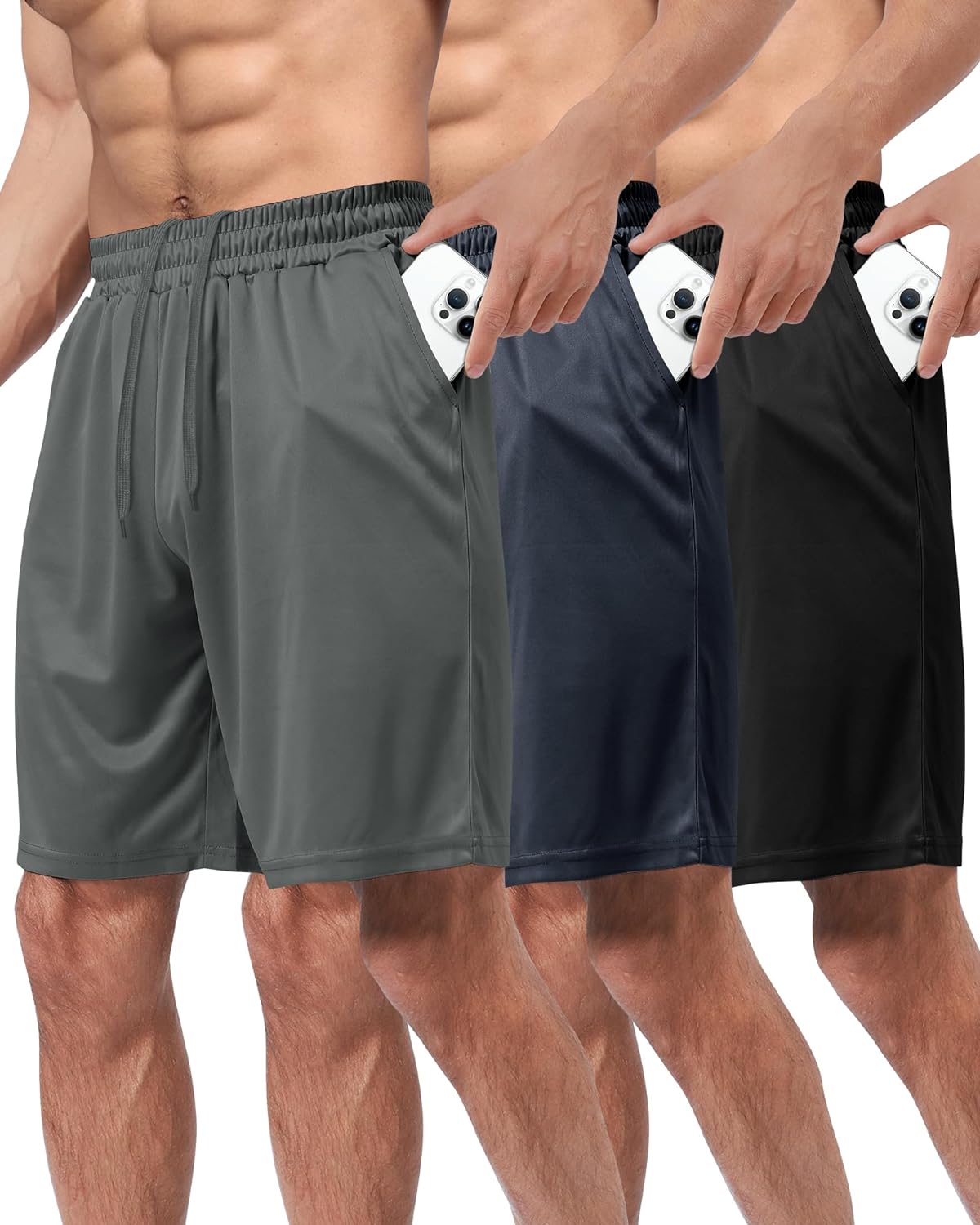 3 Pack Gym Basketball Mens Shorts – Quick Dry Black Workout Athletic Shorts with Pockets for Casual Running