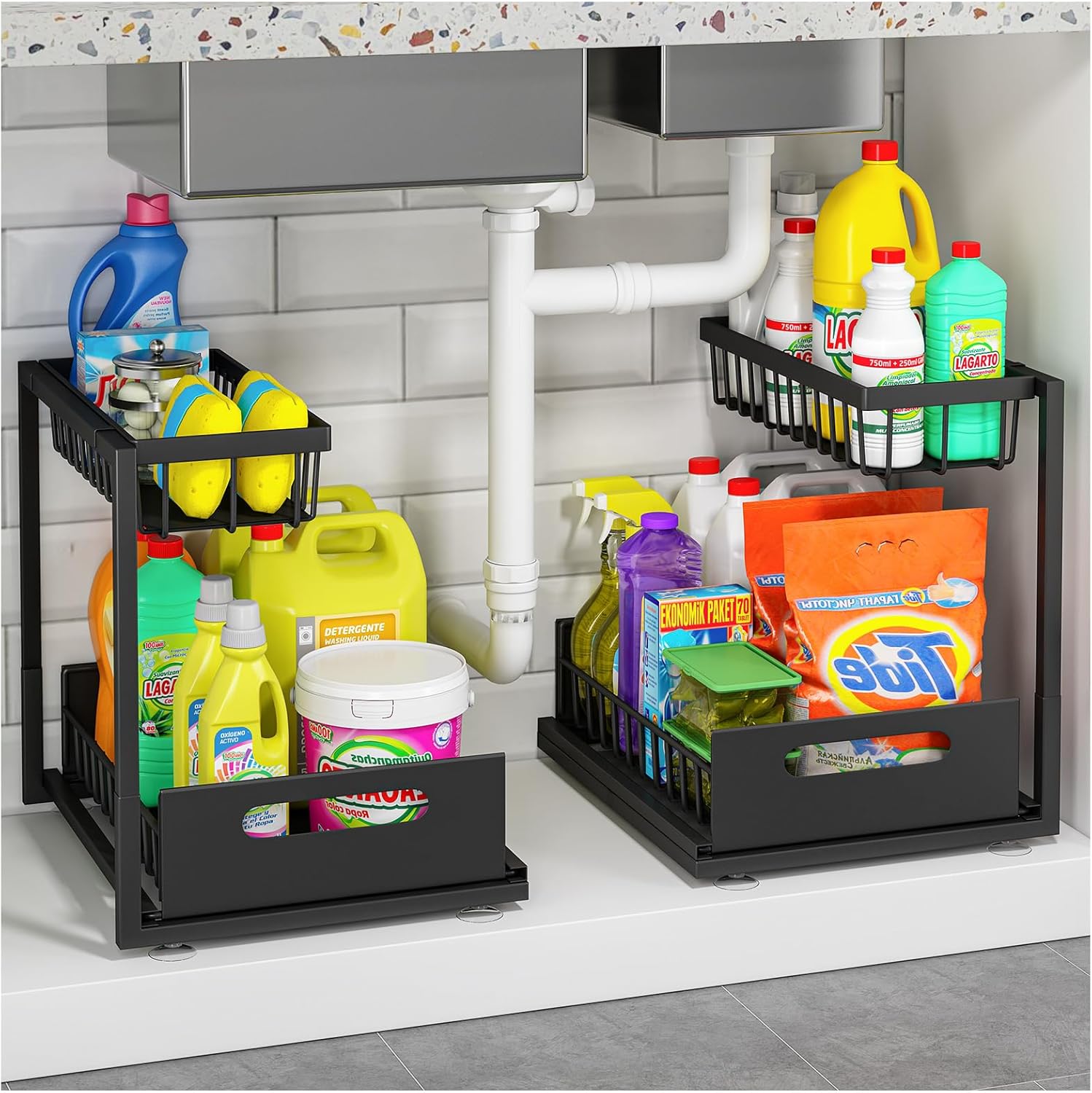 L-Shape Under Sink Organizer 2 Pack,Two Tier Pull Out Kitchen Bathroom Organizers and Storage,Slide Out Sink Shelf Cabinet Storage Shelves,Multi-Purpose Cabinet Organizer Shelf for Home,Black