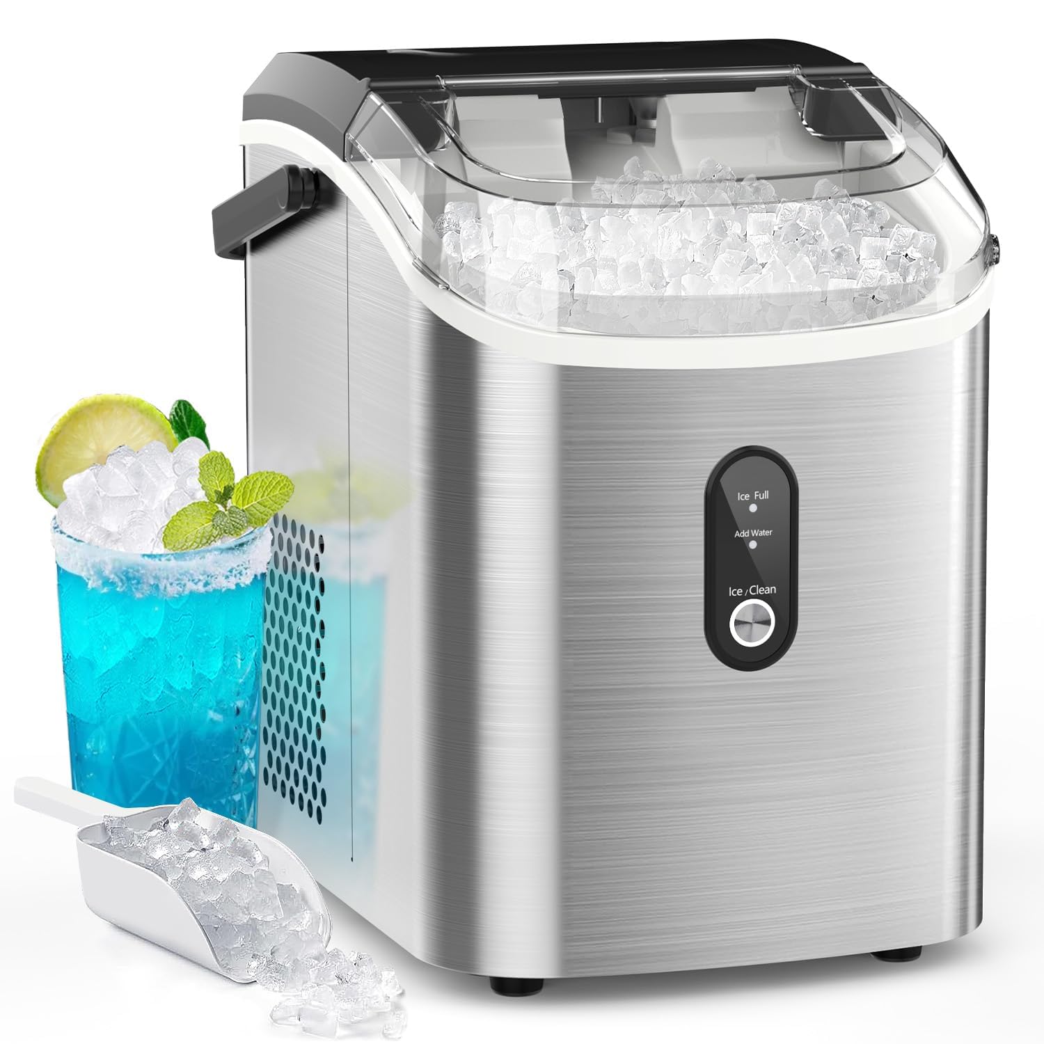 Kndko Nugget Ice Maker Countertop with Handle, Ready in 6 Mins, 35lbs Per Day, Pebble Ice Machine with Soft Chewable Ice, Self-Cleaning, One-Click Operation, for Home/Party/RV/Camping