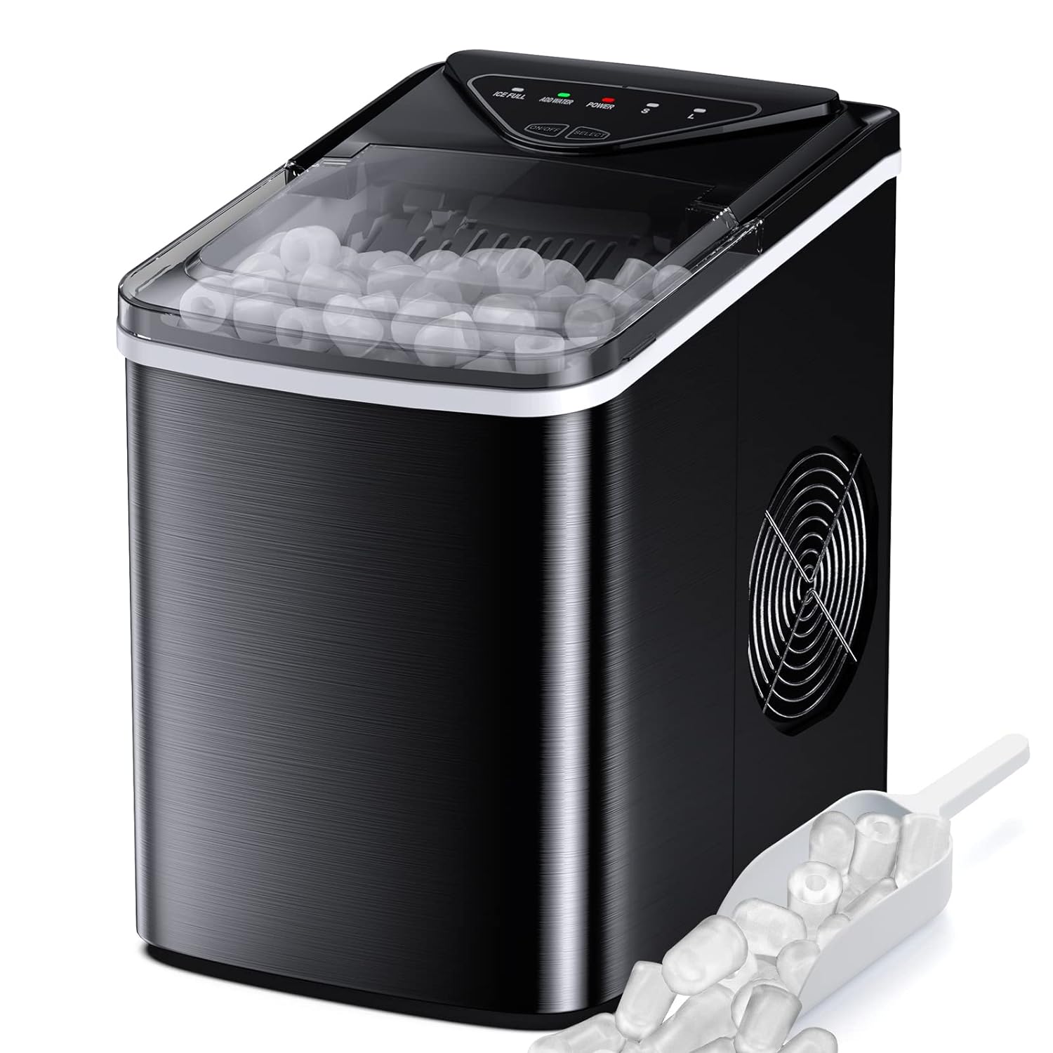 FZF Ice Makers Countertop, Self-Cleaning Function, Portable Electric Ice Cube Maker Machine, 9 Ice Ready in 6 Mins, 26lbs 24Hrs with Ice Bags and Scoop Basket for Home Bar Camping, Stainless Steel