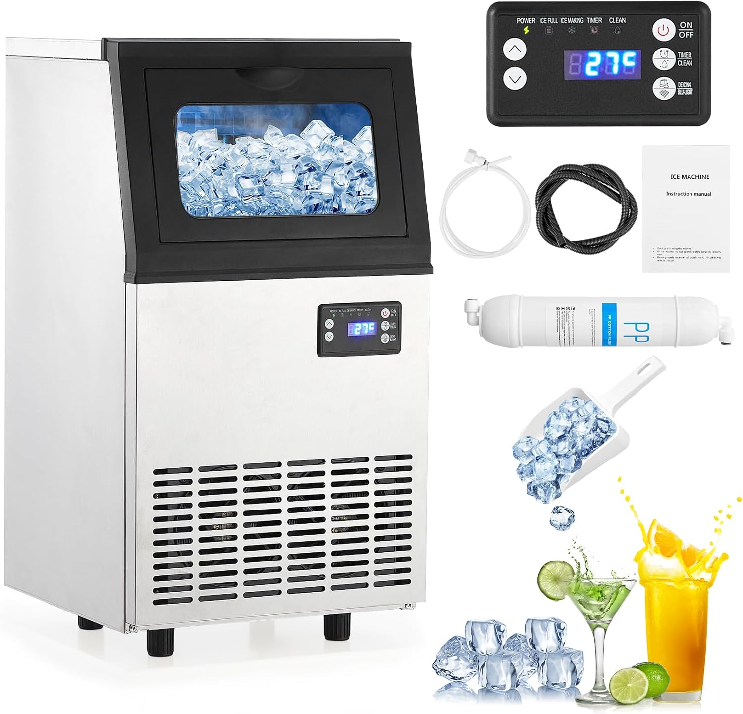 Commercial Ice Maker Machine, PioneerWorks Countertop Ice Maker 110LBS/24H with 18LBS Ice Storage Capacity Stainless Steel Automatic Ice Making/Self-Cleaning for Home, Bar, Restaurant, Hotel