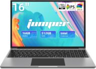 jumper 16 Inch Laptop, 16GB RAM 512GB SSD, Quad-Core Celeron N5095, FHD IPS 1920×1200 Screen, Windows 11 Computer with Four Stereo Speakers, 38WH Battery, Numeric Keypad.