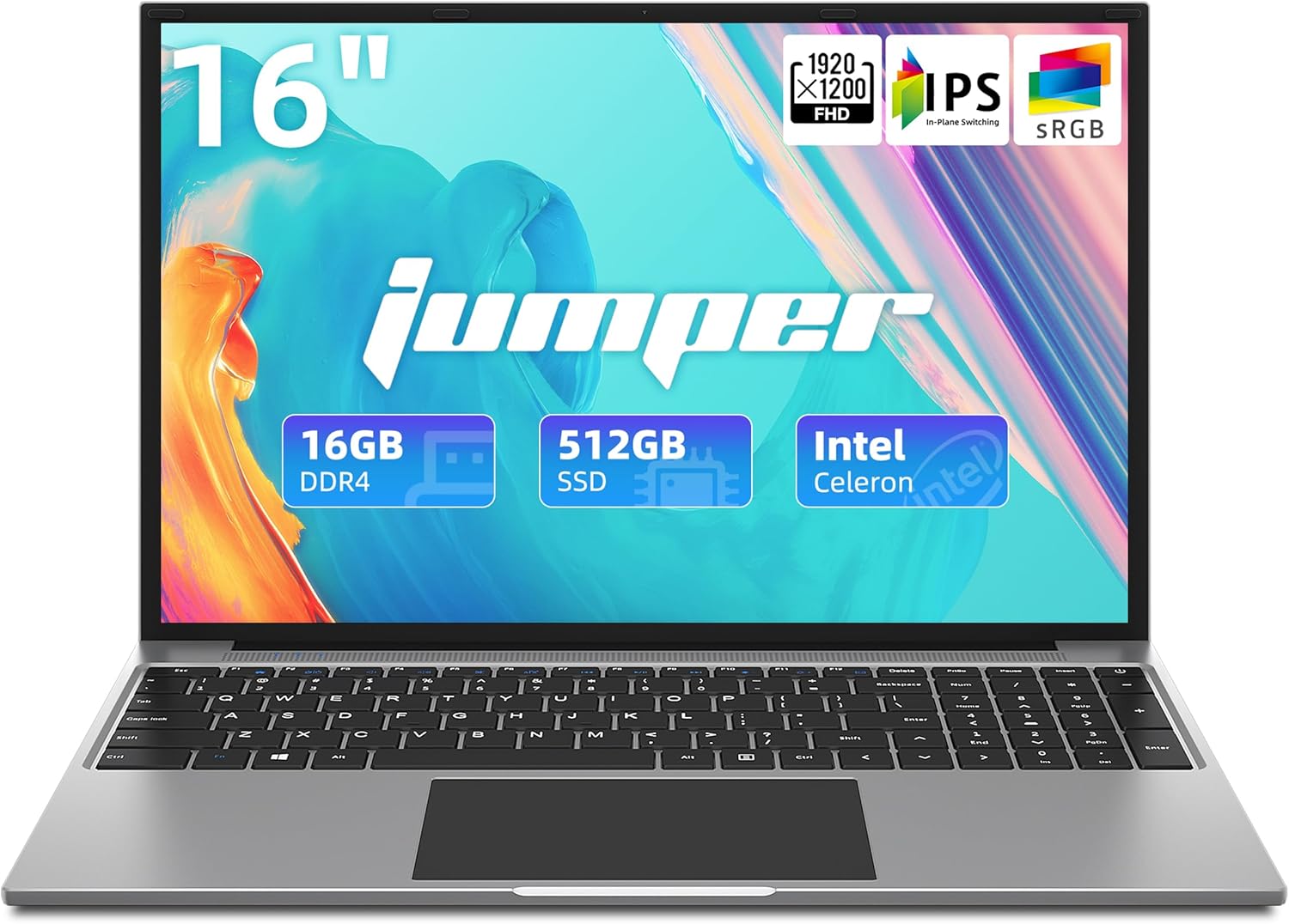 jumper 16 Inch Laptop, 16GB RAM 512GB SSD, Quad-Core Celeron N5095, FHD IPS 1920×1200 Screen, Windows 11 Computer with Four Stereo Speakers, 38WH Battery, Numeric Keypad.