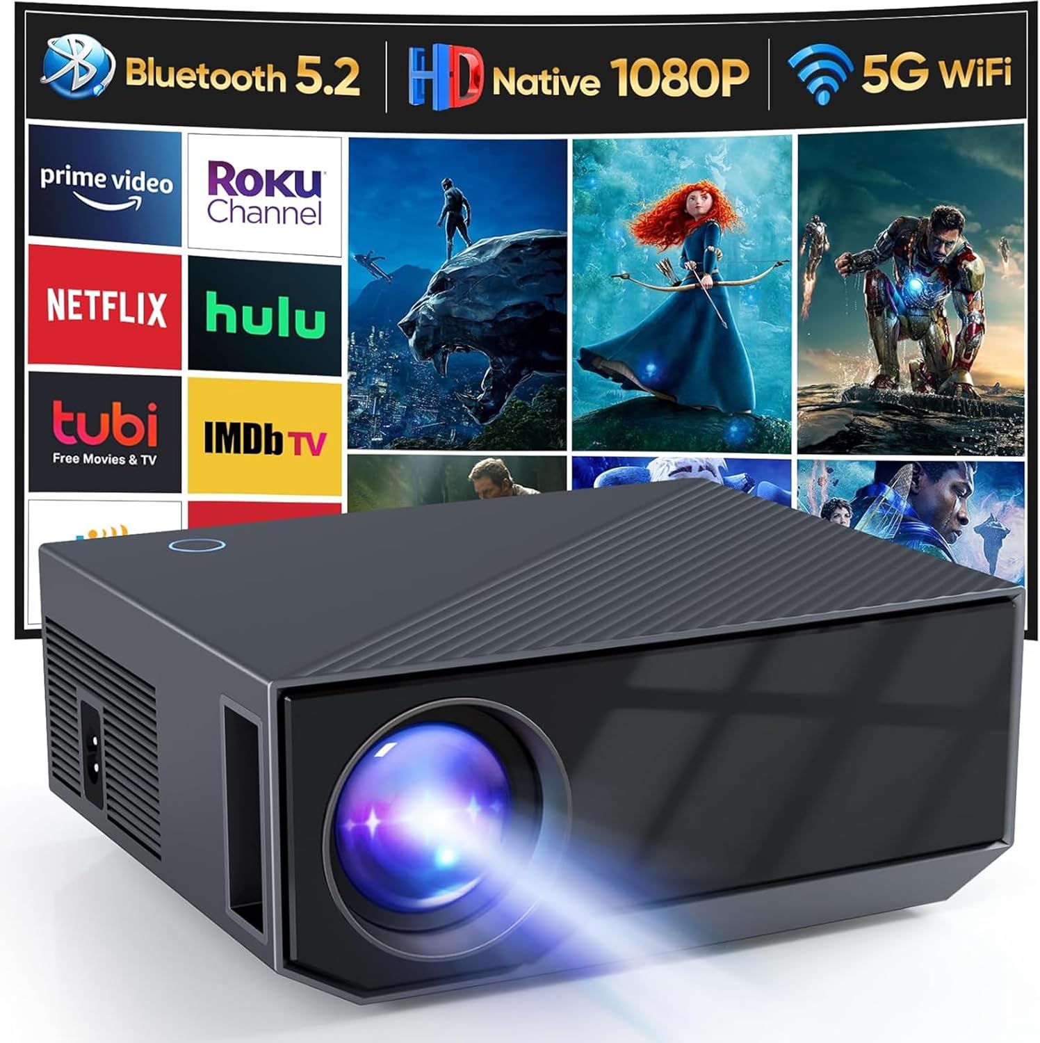 Projector with WIFI and Bluetooth, 1080P Native Full HD Video Projector, 18000L Movie Projector, 300″ Max Bild Compatible with Android/iOS/Laptop/TV Stick/X-Box/HDMI/USB(Grey)