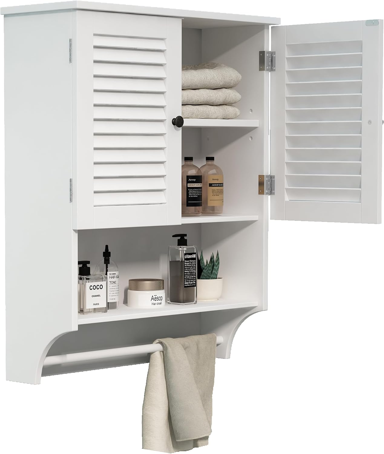 ChooChoo Medicine Cabinet with Towels Bar, 23.6″ L x7.9 W x27.5 H MDF Material Bathroom Wall Cabinet, 2 Doors Over The Toilet Space Saver Storage Cabinet with Large Space, White