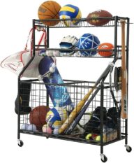 Garage Sports Equipment Organizer, Ball Storage Rack, Sports Gear Basketball Storage with Baskets and Hooks, Outdoor Heavy Duty Storage Rolling Cart Football Rugby Organizer