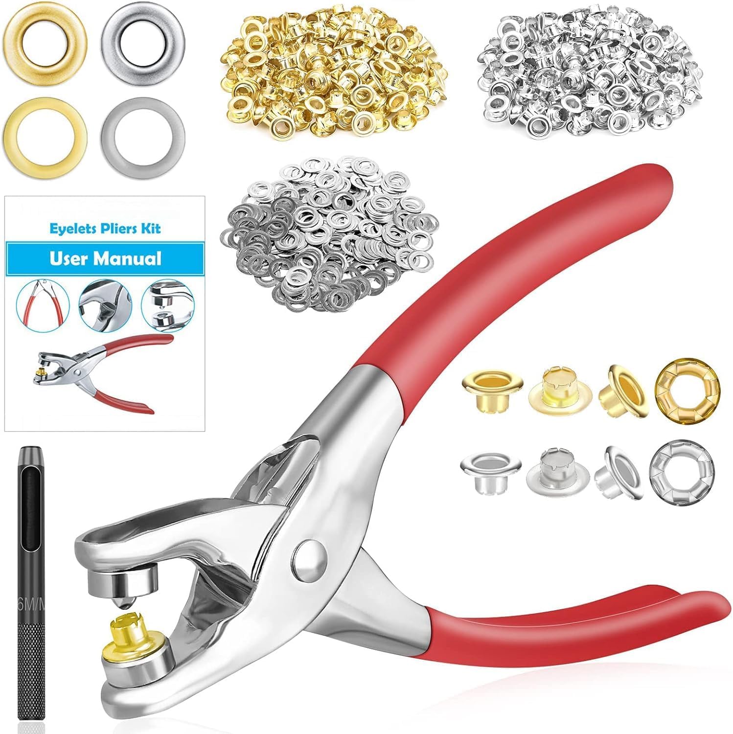 803Pcs Grommet Eyelet Pliers Kit, 1/4 Inch 6mm(Inside Diameter) Grommet Tool Kit with 800 Metal Eyelets with Washers in Gold and Silver, Eyelet Grommet Hand Press kit for Leather/Belt/Shoes/Crafts