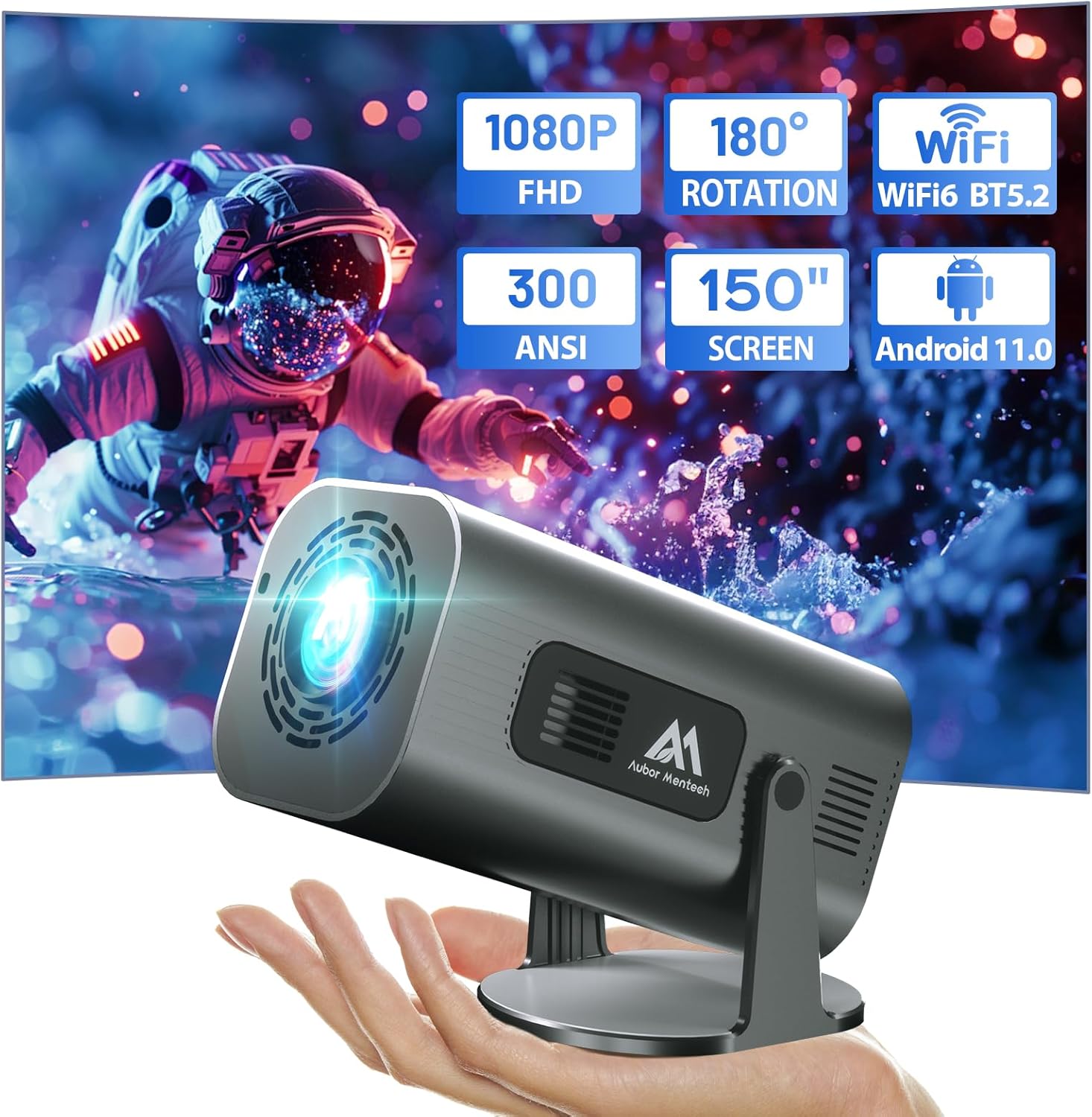 Mini Projector with WiFi and Bluetooth, 180°Adjustable Stand Portable Projector, Support 2.4G/5G WiFi6, 150″ Smart Projector with Android TV 11.0, 1080P, Auto Keyston Outdoor/Home Theater, Iron Grey