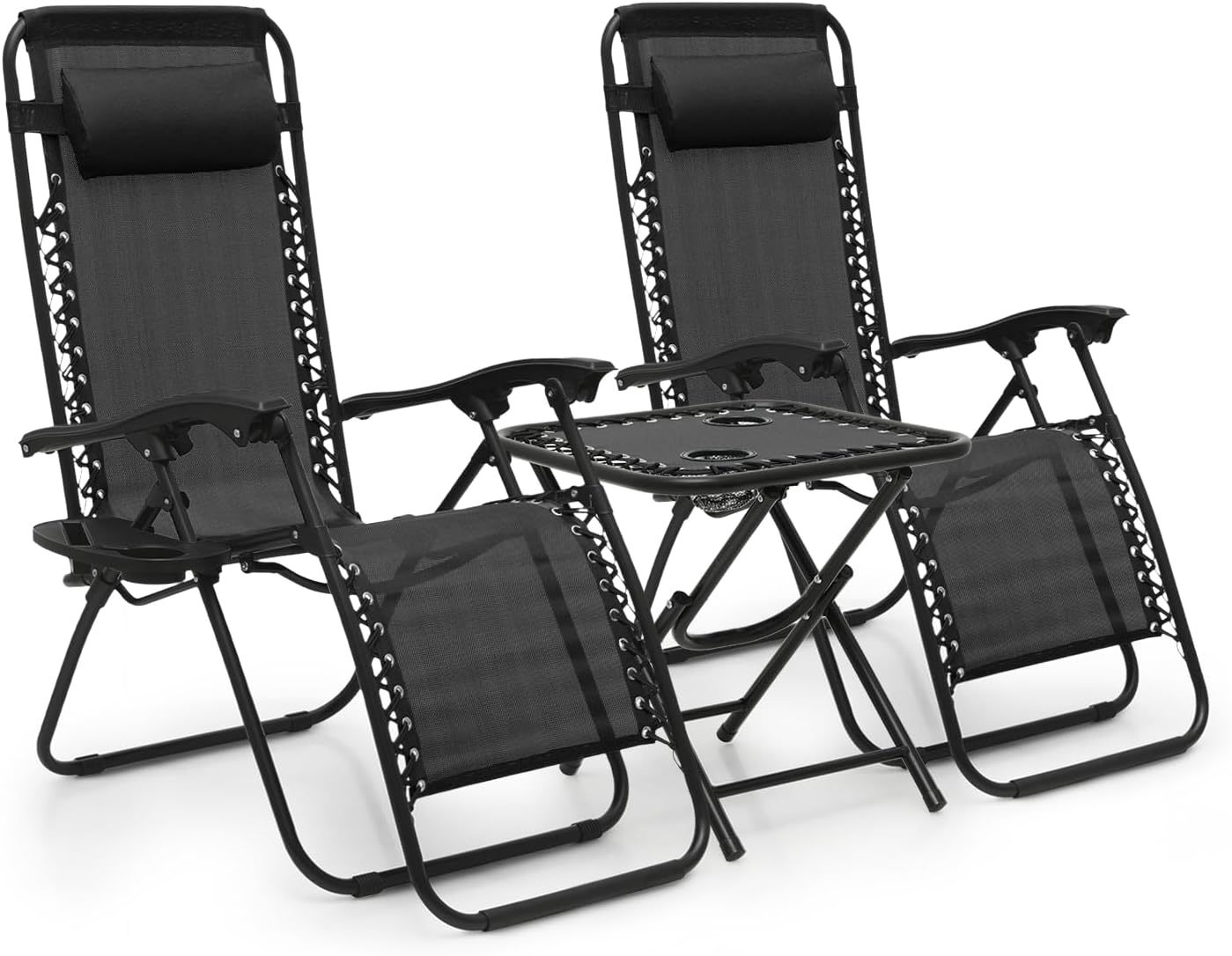 MoNiBloom Table and Patio Chairs Set of 3, Outdoor Adjustable Zero Gravity Folding Breathable Mesh Reclining Lounge Chairs with Pillow and Side Tray, 330lbs Capacity – Black