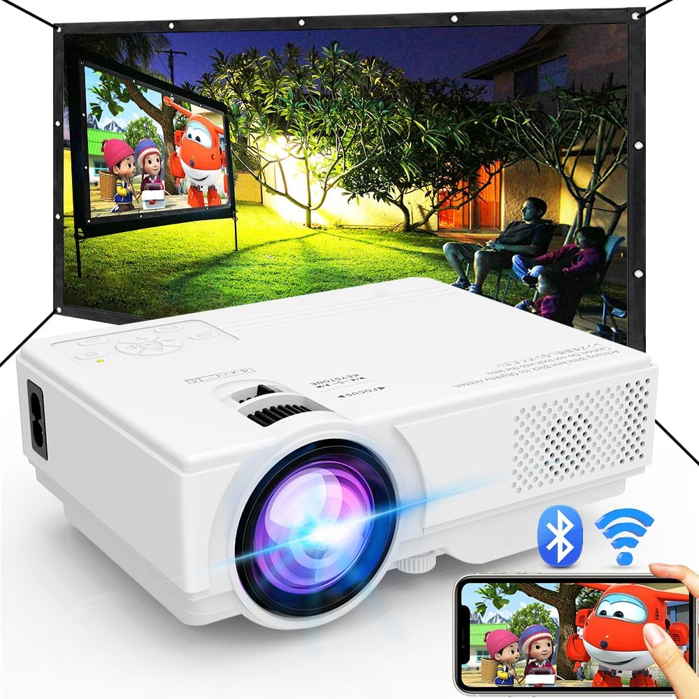 Projector with WiFi and Bluetooth, 2024 Upgrade Outdoor Projector, Mini Movie Projector Supports 1080P Synchronize Smartphone Screen by WiFi/USB Cable for Home Entertainment