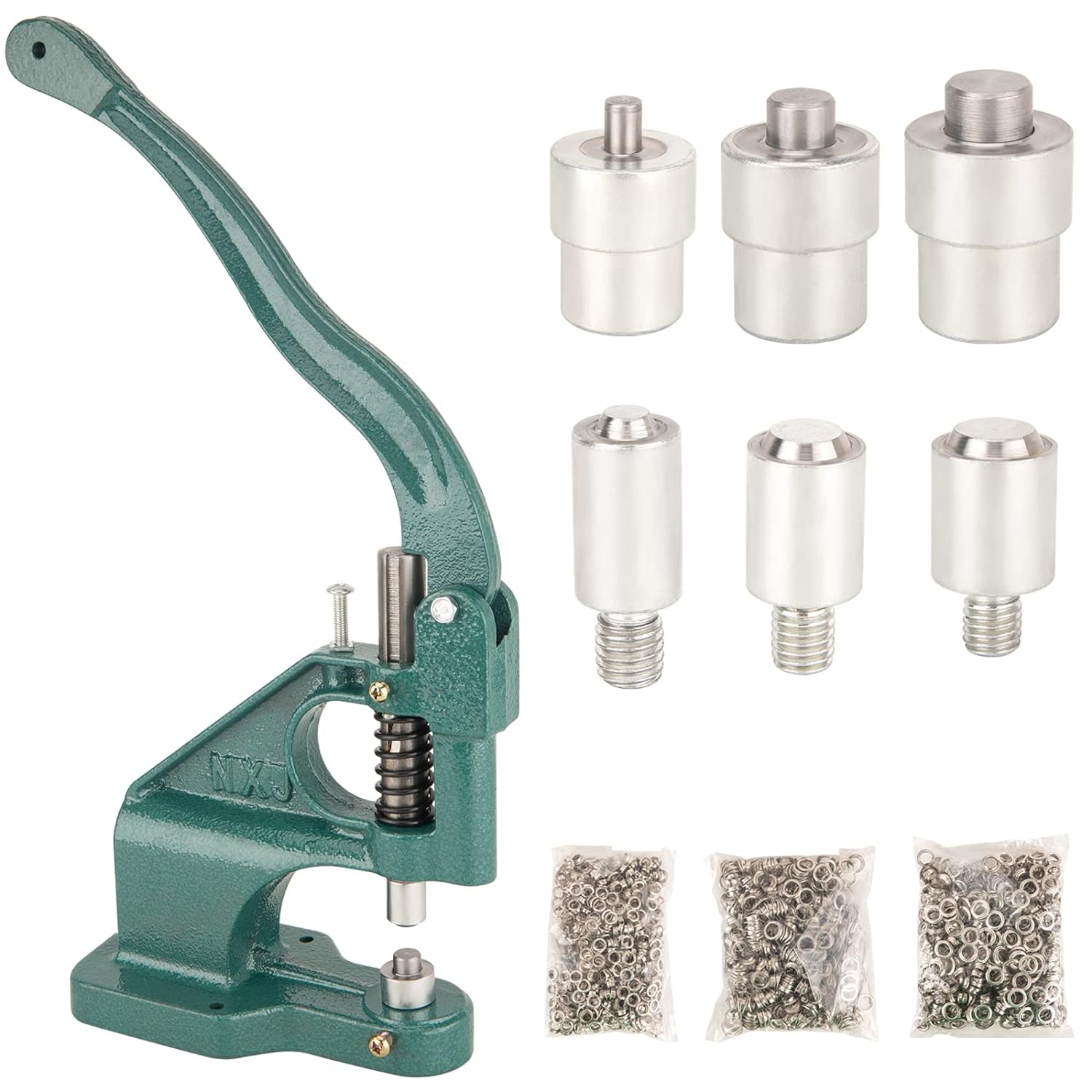 Hand Press Heavy Duty Eyelet Grommet Machine Punch Tool Kit- Heavy Duty Grommet Press- Rivet Press Tool- Grommet Dies Press Machine with 3 Interchangeable Dies and 1500 Pcs Silver Grommets