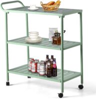 Outdoor Three-Shelf Metal Dining Cart with Wheels Utility BBQ Food Prep Table Movable Grill Cart Picnic Cart for Bar, Patio, Camping, Back Yard, Kitchen – Pea Green