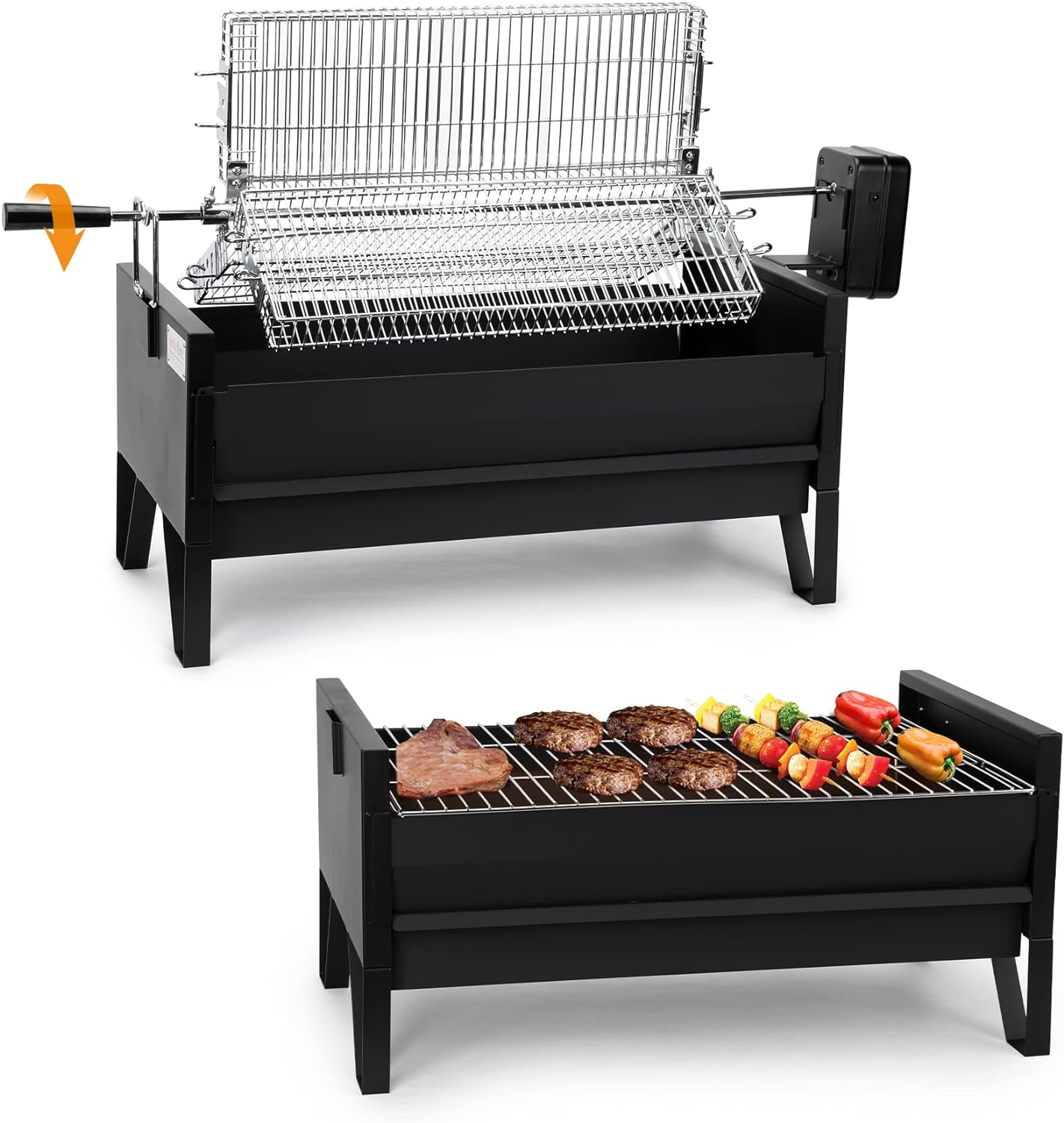 Onlyfire 2 IN 1 Charcoal Grill Rotisserie Kit with 3 Stainless Steel Rotating Baskets and 24 In Grill Grate, Auto Swivel BBQ Roasting Machine for Outdoor Patio Backyard, Multi-functional Camping Grill