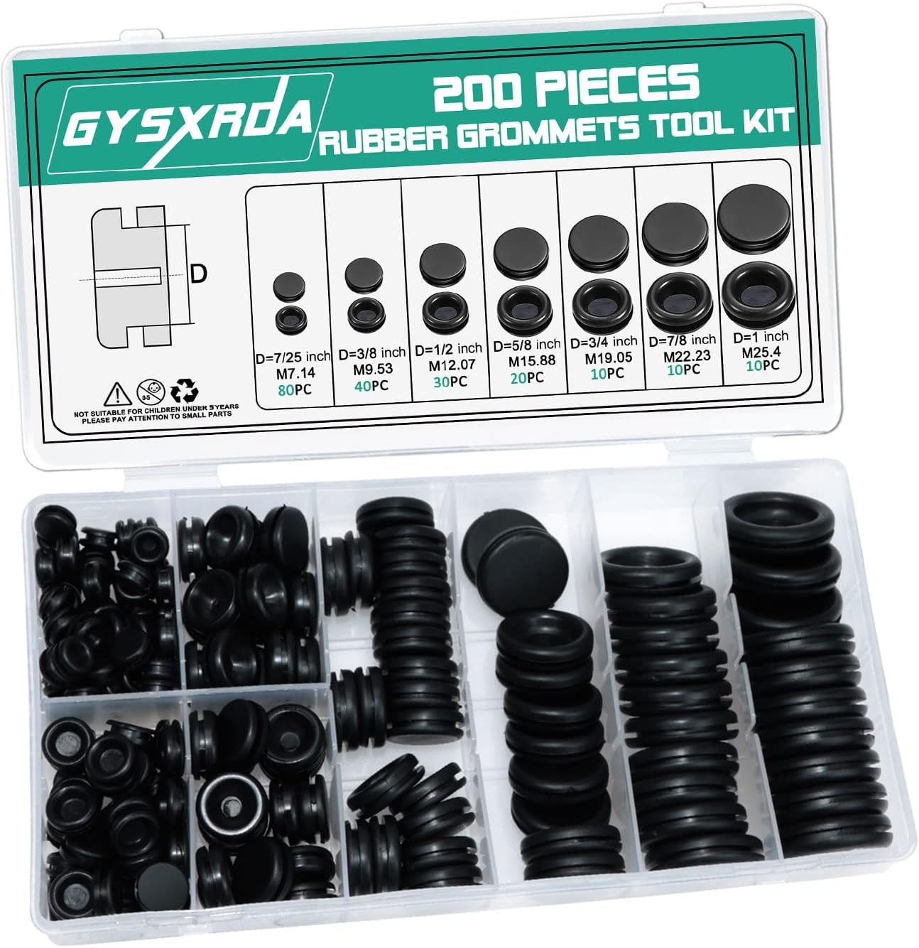 Rubber Grommet Kit 200 Pack – 7 Sizes Firewall Rubber Hole Plugs Rubber Grommets for Wiring, Automotive, Home Improvement Cord Pipe Wire Organization (7/25, 3/8, 1/2, 5/8, 3/4, 7/8, 1 inch)