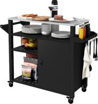 Grill Cart Outdoor Backyard Patio Grilling Bar Cart,BBQ Prep Table with Wheels with Stainless Steel Tabletop, Hooks, and Storage Cabinet, Suitable for Patio, Camping, Home,Black