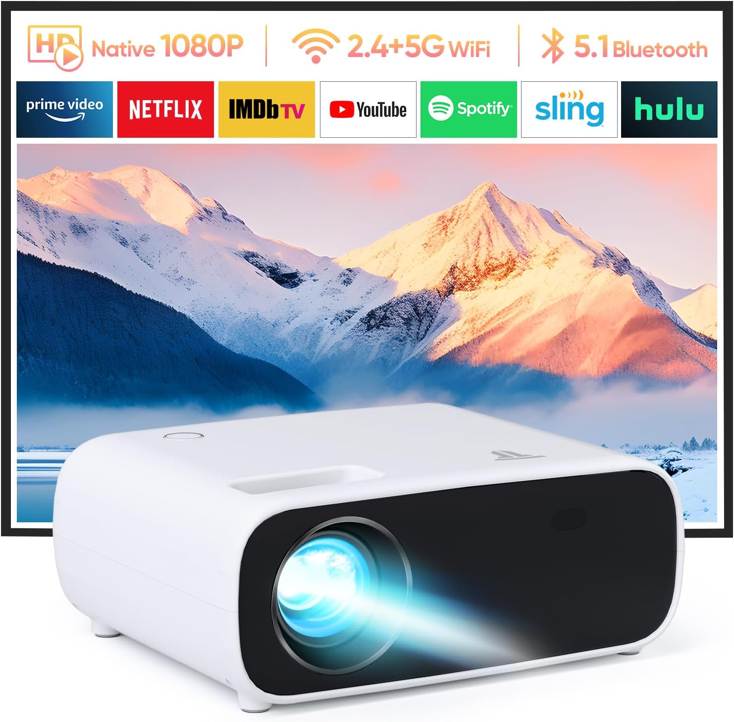 Projector with wifi and bluetooth, CoolEeve 1080P Full HD 12000L Portable Movie Video 5G Projector Outdoor, Mini TV Bluetooth Projector Home Theater, Compatible with Smart Phone/iOS/HDMI/AV/TV Stick