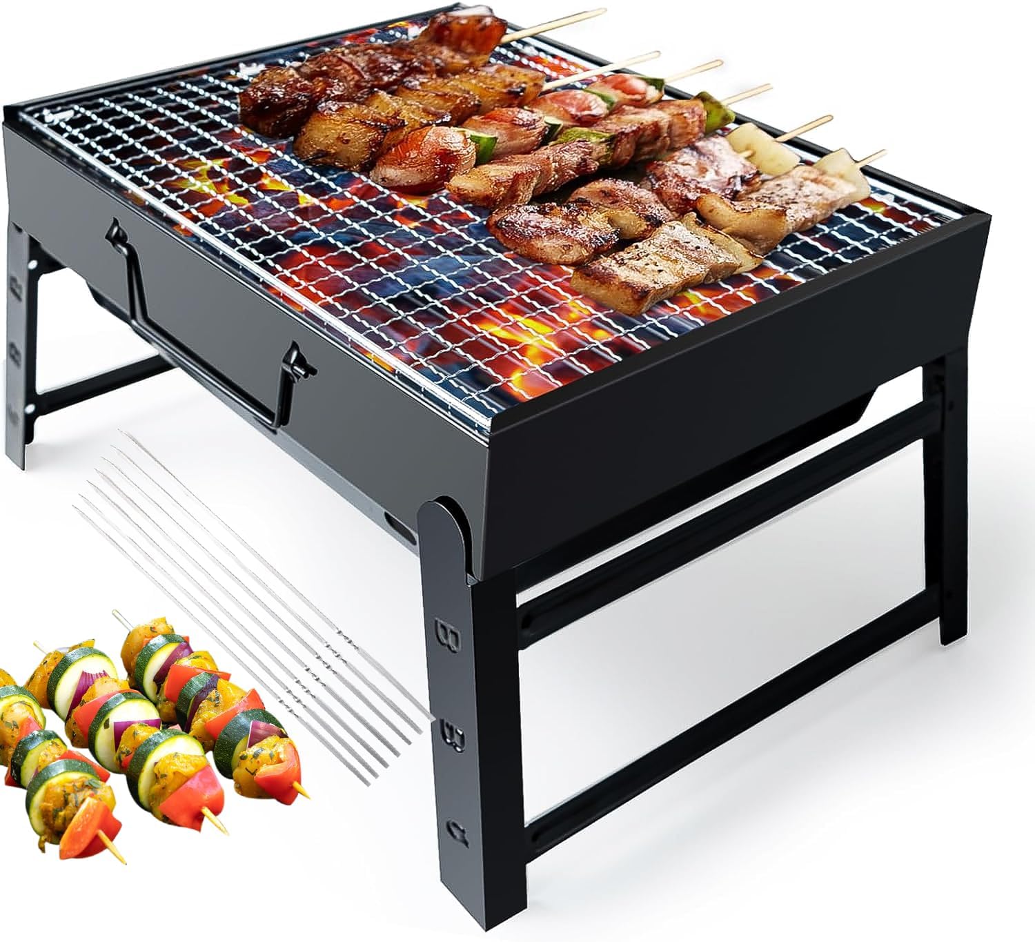 Portable Charcoal Grill – 13.8″ Small Folding BBQ Grill with 5 Skewers, Mini Tabletop Grill, Small Grill Outdoor for Camping, Grilling Backyard, RV, Tailgating, Picnic, Travel, Beach Barbecue Gift