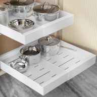 Expandable Pull out Cabinet Organizer, Pull out Drawers Fixed with Adhesive Nano Film, Heavy Duty Slide Out Shelves Storage for for Kitchen Pantry Bathroom, Adjustable Width 11.6” to 18.1” – White