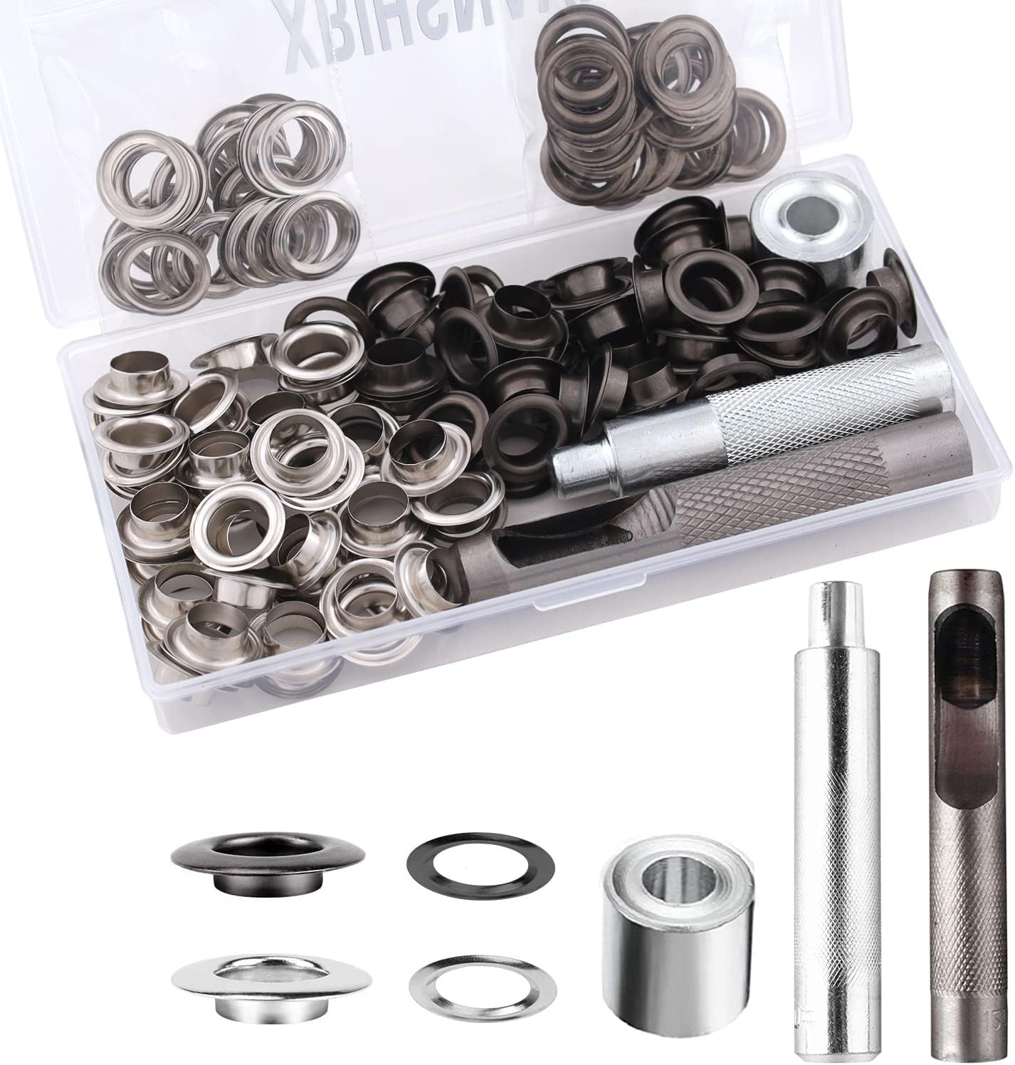 Grommet Tool Kit, 2/5 Inch Grommets Eyelets Sets, 110 Set Eyelets Kit with 3 Pcs Installation Tools and 1 Pcs Storage Box, Stainless Steel Grommets for Fabric, Tarps, Clothing (Black and Silver)