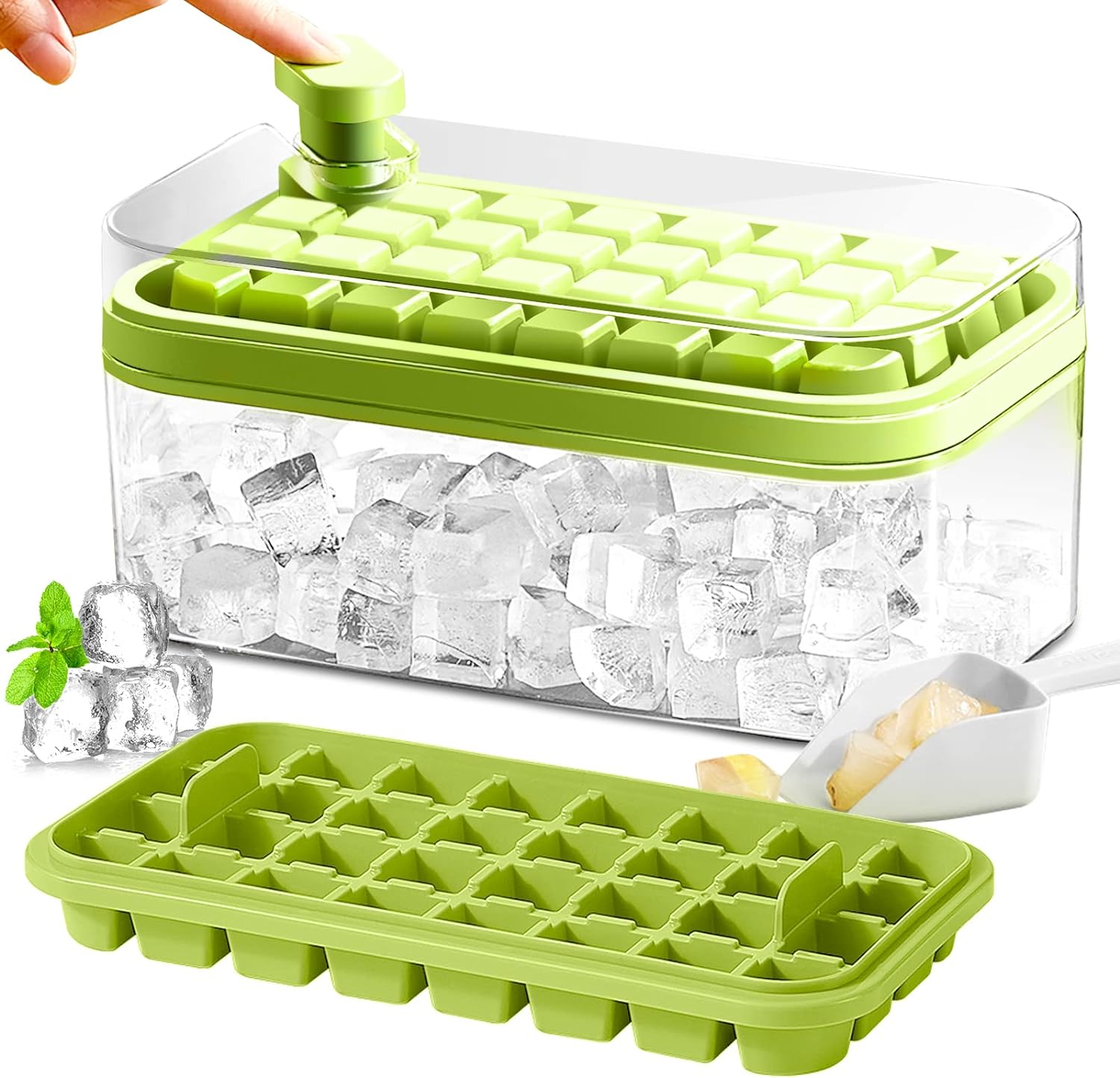 Ice Cube Tray with Lid and Bin, 2 Pack for Freezer, 64 Pcs Ice Cube Mold (Green)