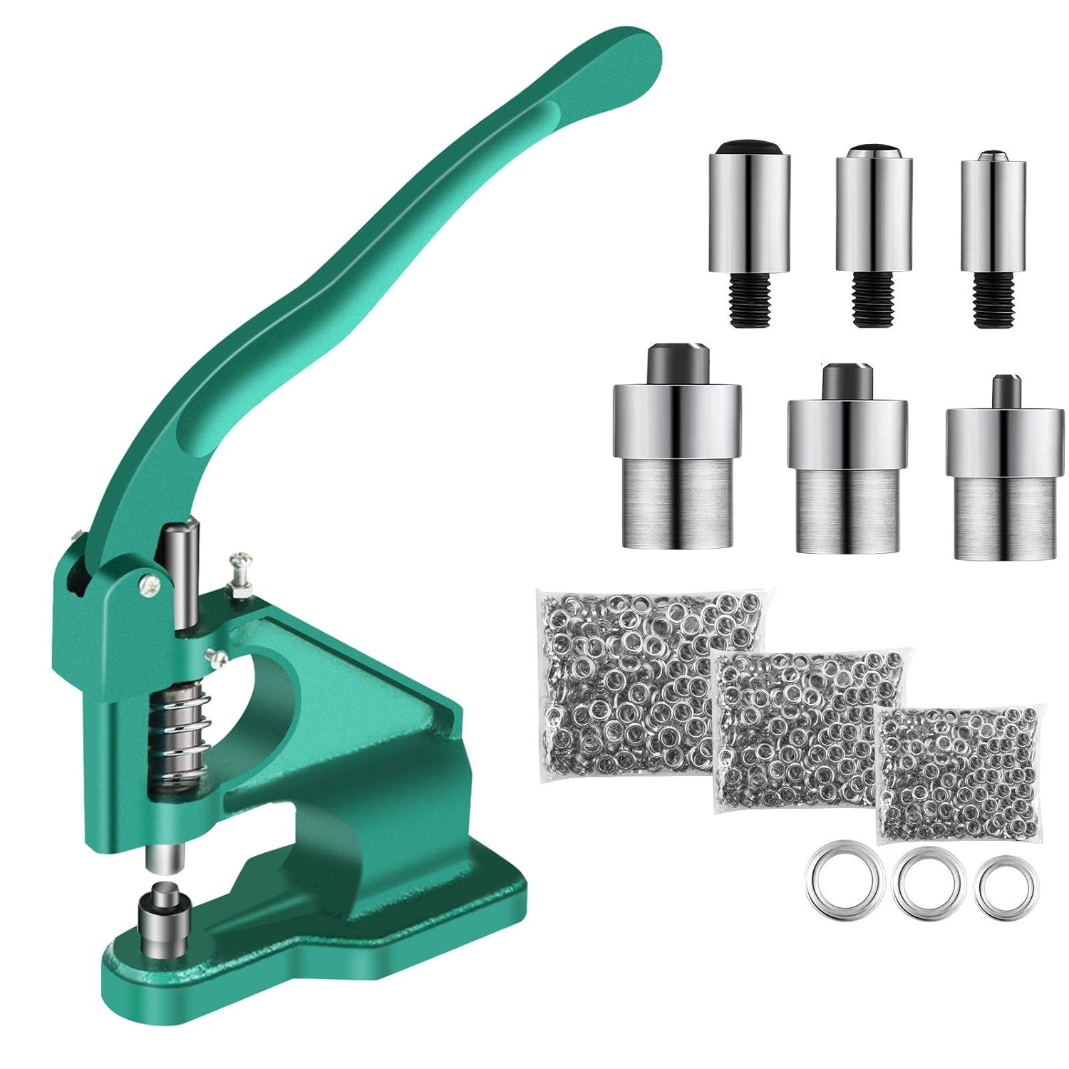 Grommet Machine Hand Press Kit Heavy Duty Manual Rivet Punch Grommet Tool Eyelet Kit 3 Dies Set (#0#2#4-6/10/12mm) with 1500 Grommets Eyelet for Curtains Scrapbooking Flags Belts Bags Shoes