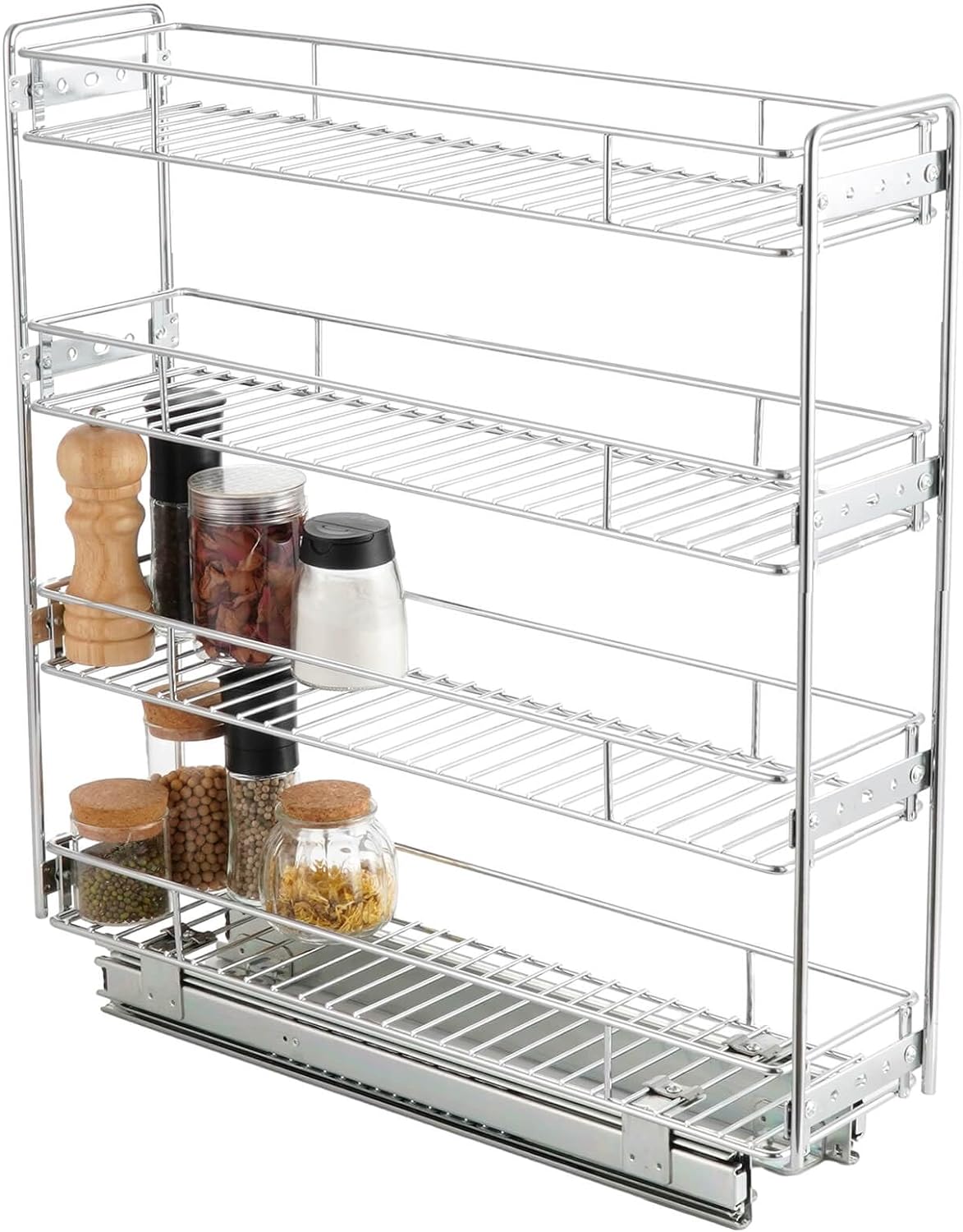 OCG 4-Tier Pull Out Kitchen Cabinet Spice Rack Holder Shelves (8″ W x 21″ D), Slide Out Slim Storage Wire Baskets for Storage Organization, Narrow Pull Out Storage for Narrow Space