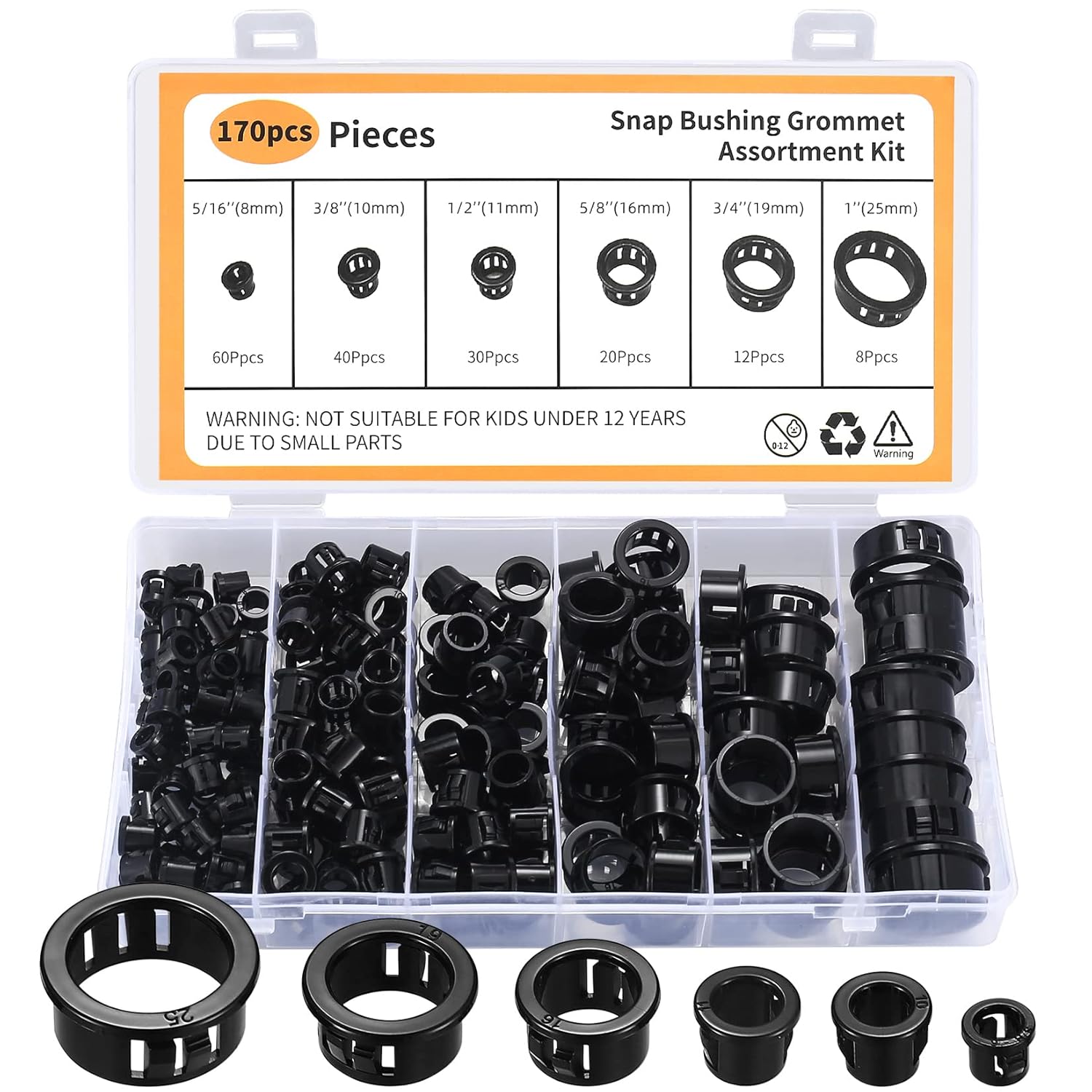 170 Pcs Cable Snap Bushing Grommets, Black Round Nylon Snap in Cable Grommet Protector, 5/16″ 3/8″ 1/2″ 5/8″ 3/4″ 1″ Cable Snap Hole Plugs Locking Bushing Assortment Kit