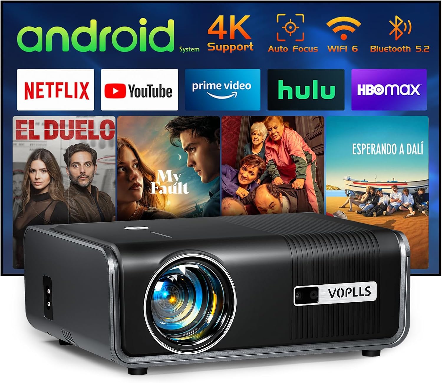 [Built-in Apps & Auto Focus/Keystone] 4K Smart Projector with WiFi and Bluetooth, VOPLLS 600ANSI Native 1080P Outdoor Projector, PPT, 50% Zoom Home Theater Movie Projector for Bedroom/iOS/Android