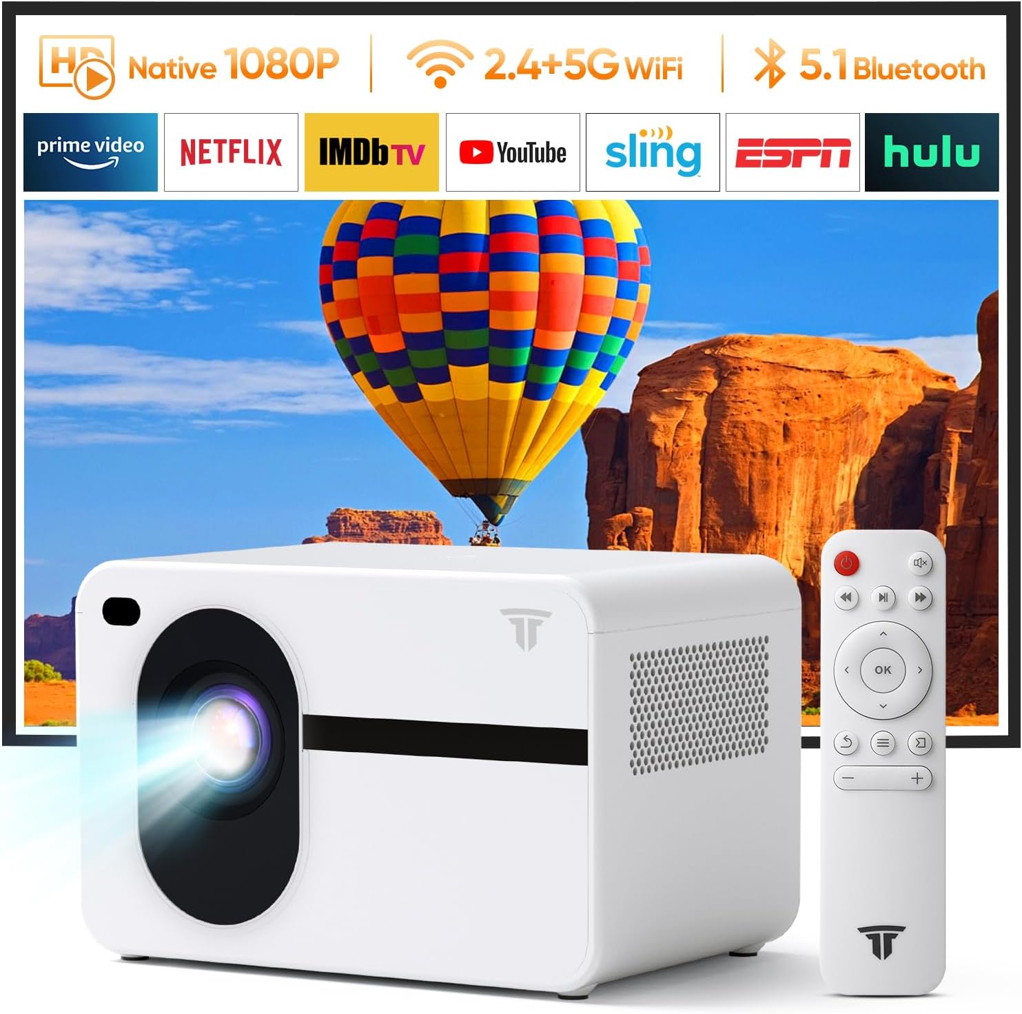 Projector with Wifi and Bluetooth 2024 Newest Projector Native 1080P 14000 Lumens 4K Portable Home Video Bluetooth Wifi Projector Outdoor/Indoor Compatible with Smartphone/TV Stick/PS5/PC/Laptop