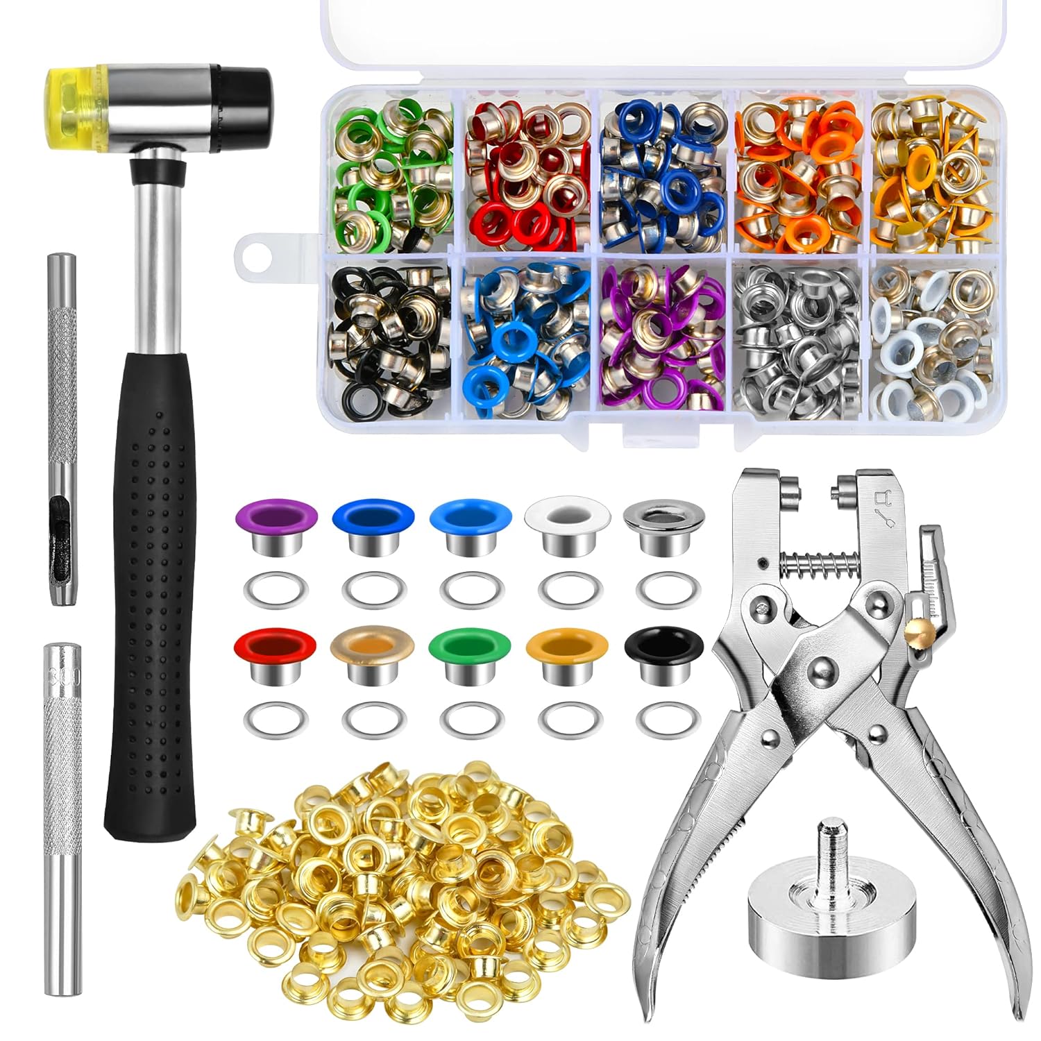 406PCS 3/16Inch Metal Grommet Kit, 11 Colors Grommet Eyelet Kit with Plastic Storage Case Eyelet Punch Pliers and Hammer, Grommet Tool Kit for Fabric Leather DIY Craft and Decoration