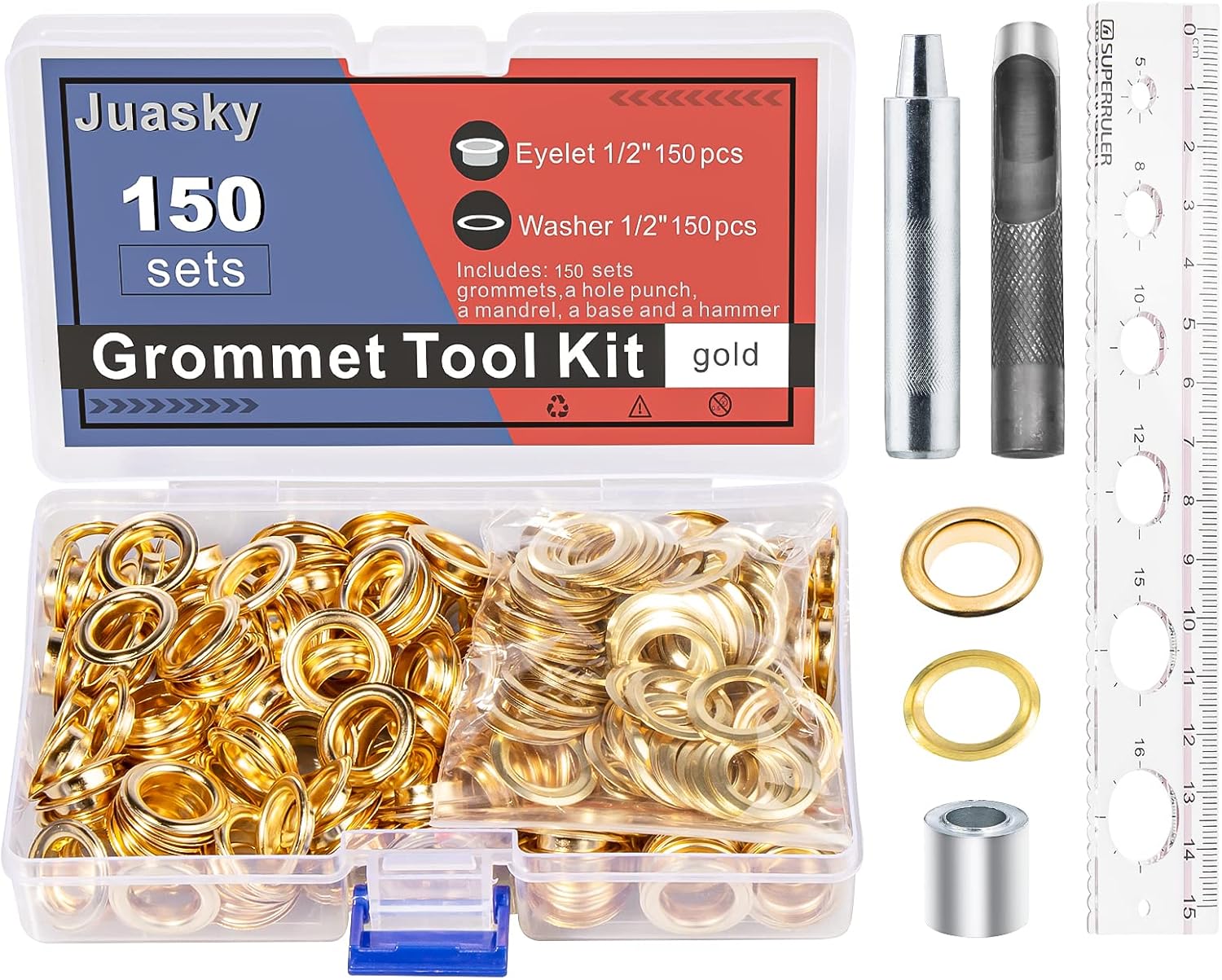 150 Sets Grommet Tool Kit 1/2 Inch, Gold Grommets; Metal Grommet Kit with Installation Tools for Leather, Fabric, Curtain, Canvas