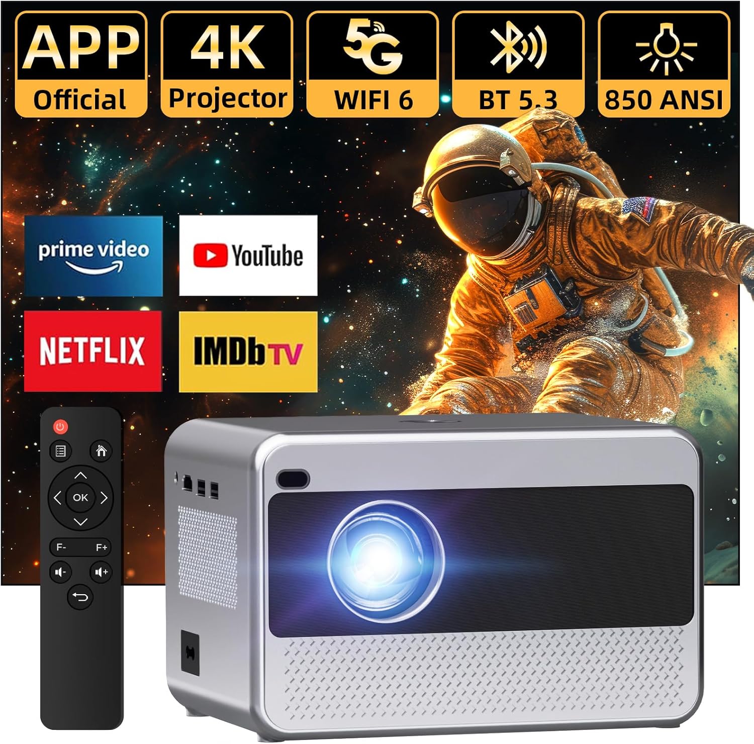 4K Projector Wifi Bluetooth Outdoor: WiFi6 Smart Movie Projector Built in Apps 850 ANSI BT5.3 Electric Focus 4P4D PPT Zoom 3D Sound Video Home Projector for Bedroom Ceiling Phone/iOS/Android/PC/TV