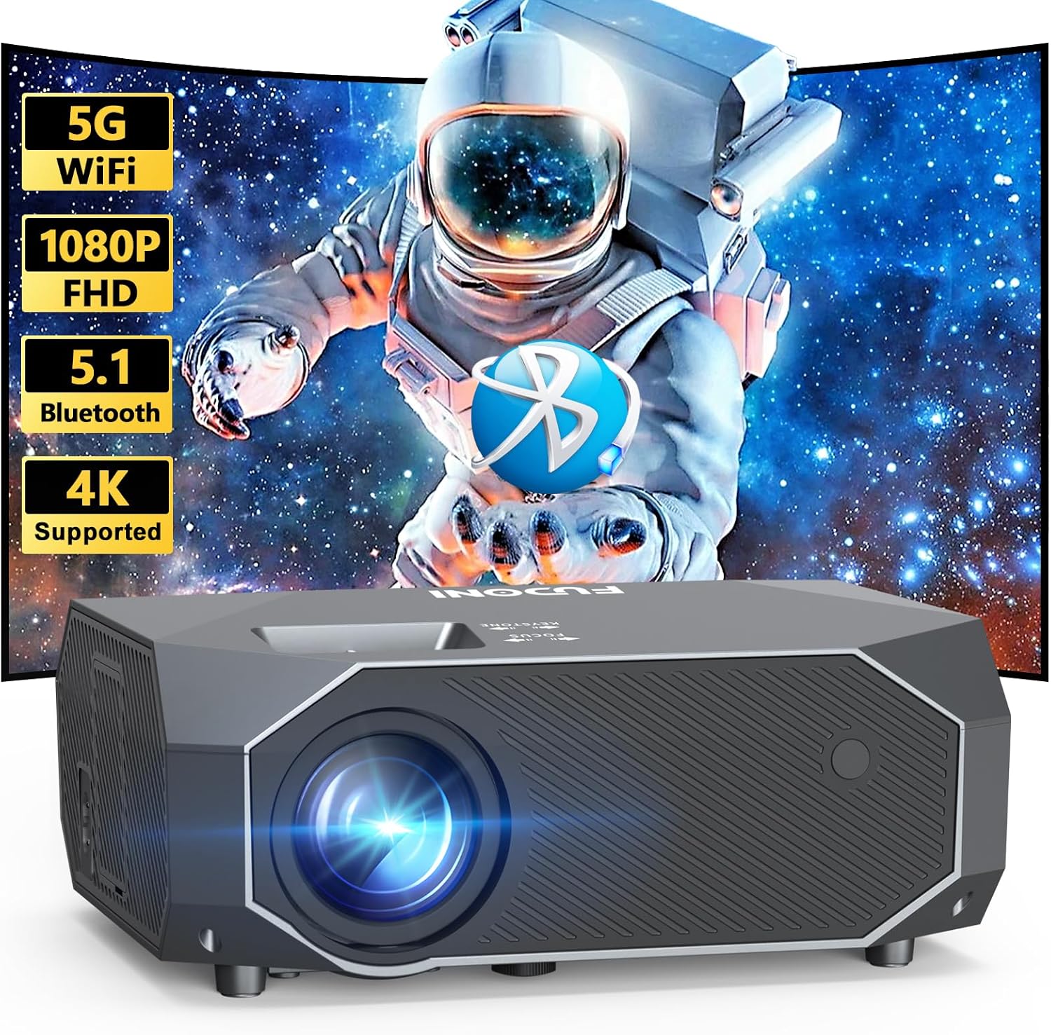 FUDONI Projector with 5G WiFi and Bluetooth, 15000L Outdoor Movie Projector Native 1080P 4k Supported, Portable Projector, Home Theater Projector for iOS/Android/TV Stick/Laptop/HDMI/USB