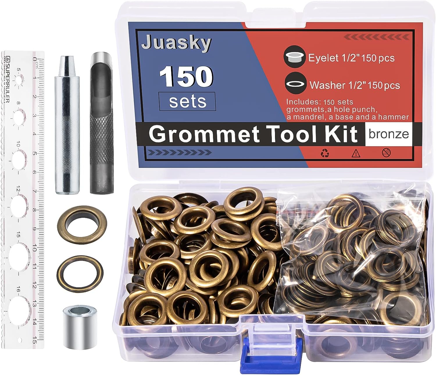 150 Sets 1/2 inch Grommet Tool Kit,Bronze Metal Grommet Kit,Eyelet Kit with Hole Punch for Leather, Fabric, Curtain