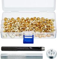 Grommet Eyelets Tool Kit, Grommet Setting Tool and 100 Sets Grommets Eyelets with Storage Box (Gold, 1/4 Inch Inside Diameter)