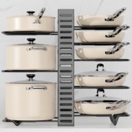 Pots and Pans Organizer Rack for Cabinet – 8-Tier Adjustable Rack Heavy-Duty Under Cabinet Pot and Pan Storage – Perfect for Pots, Pans, and Lids – Easy Kitchen Organization and Storage