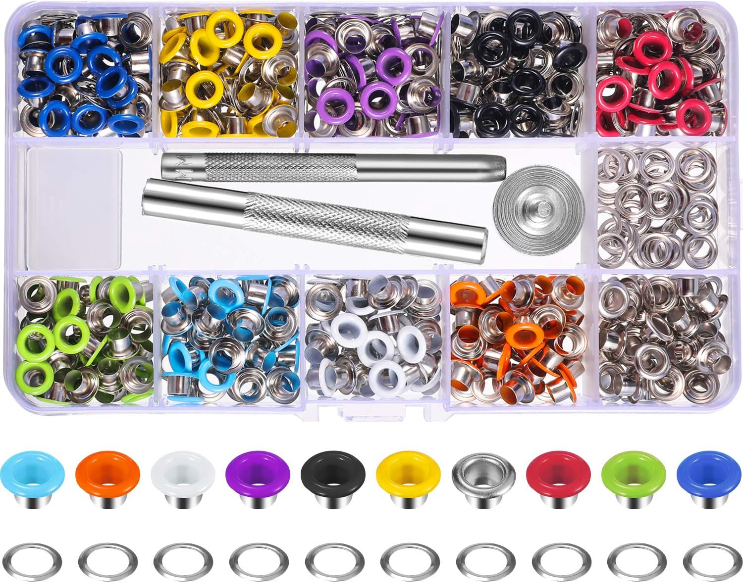 Bememo 400 Sets 3/16 Inch Multi-Color Grommets Kit Metal Eyelets with Installation Tools and Instructor in Clear Box