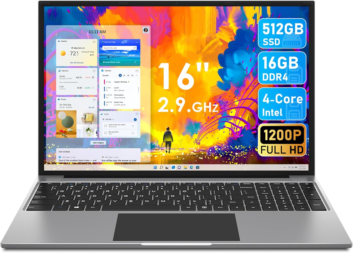 Laptop 16 Inch, 16GB DDR4 512GB SSD, Quad Core N CPU(Up to 2.9GHz), FHD IPS 1920×1200 Display, Notebook Computer with 2.4G+5G WiFi, BT4.0, 38WH Battry, Cooling System, Numeric Keypad, 4 Speakers.