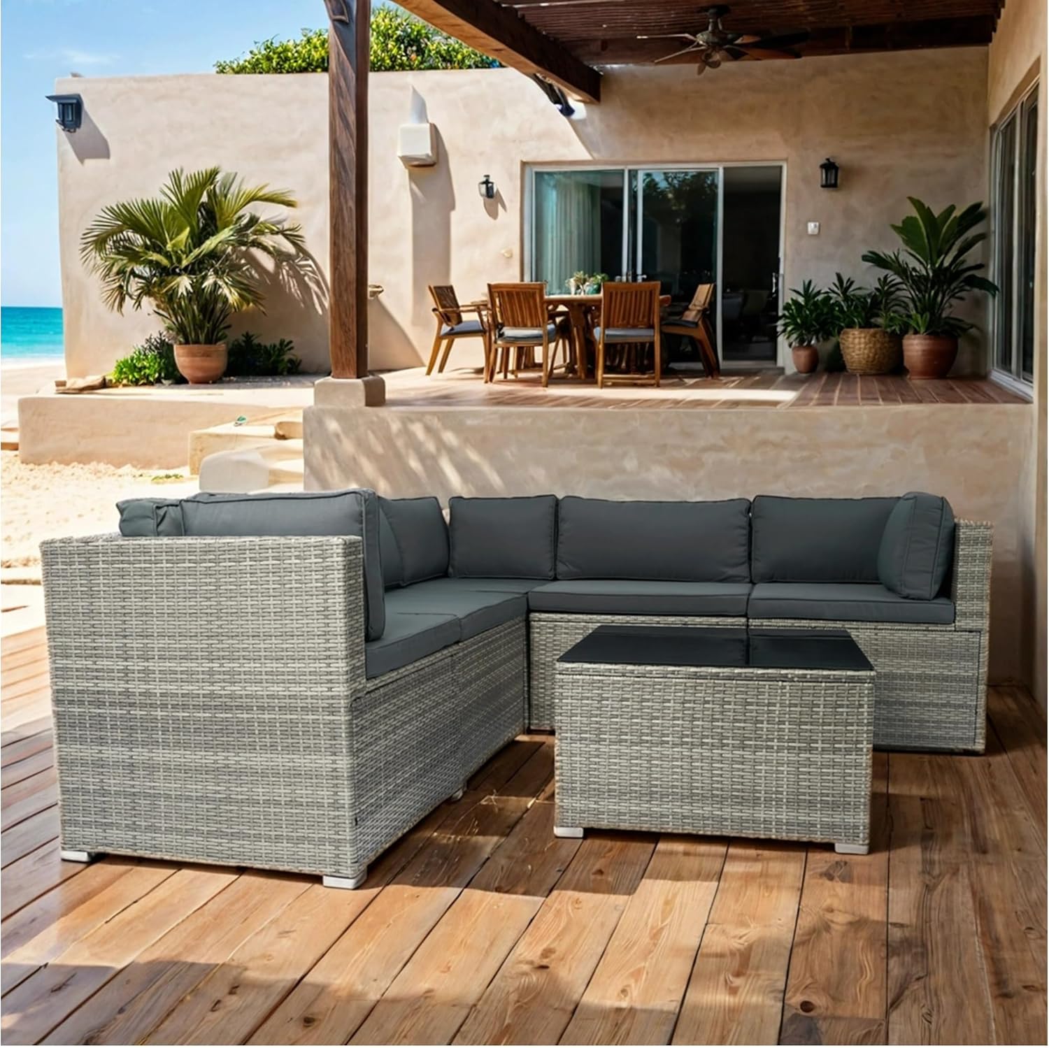 DHHU Patio Furniture Sets 6 Pieces Patio Sectional Outdoor Furniture Patio Sofa Chairs Set All Weather PE Rattan Wicker Couch Conversation Set with Thickened Cushions Coffee Table, Grey