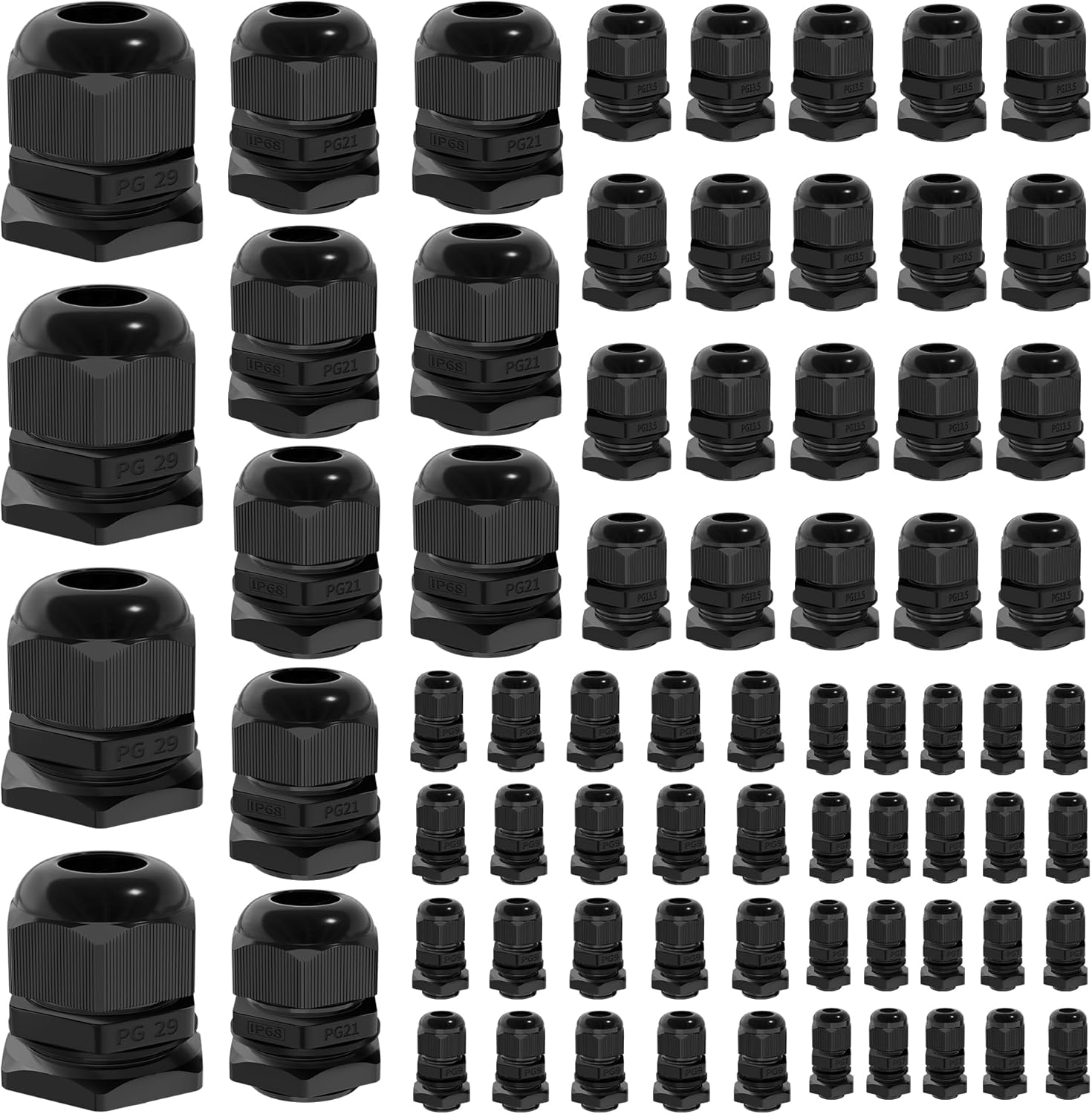 Joinfworld 72pcs Cable Glands Kit Waterproof Strain Relief Cord Connector Grip Weatherproof Cable Pass Through PG7 1/4″ 1/2″ 3/4″ 1″ NPT Wire Grommet