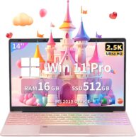 【Win 11 Pro/Office 2019】14″ 2.5K UHD Laptop (2560*1440) IPS Display,12th Gen Alder Lake N95 CPU (Up to 3.4Ghz), 16GB DDR5 RAM, 512GB PCIE NVME SSD, Fingerprint, Backlit KB, HDMI, Rose Gold (16G+512GB)