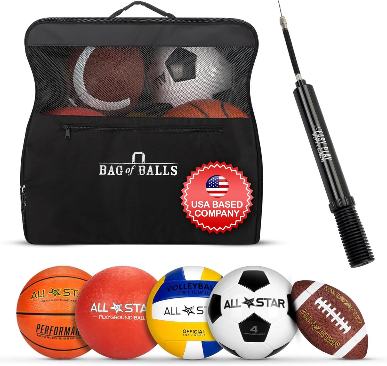 Complete Sports Balls w/Bag, Pump for Boys – Kickball, Volleyball, Soccer Ball, Football, Basketball – Outdoor Play