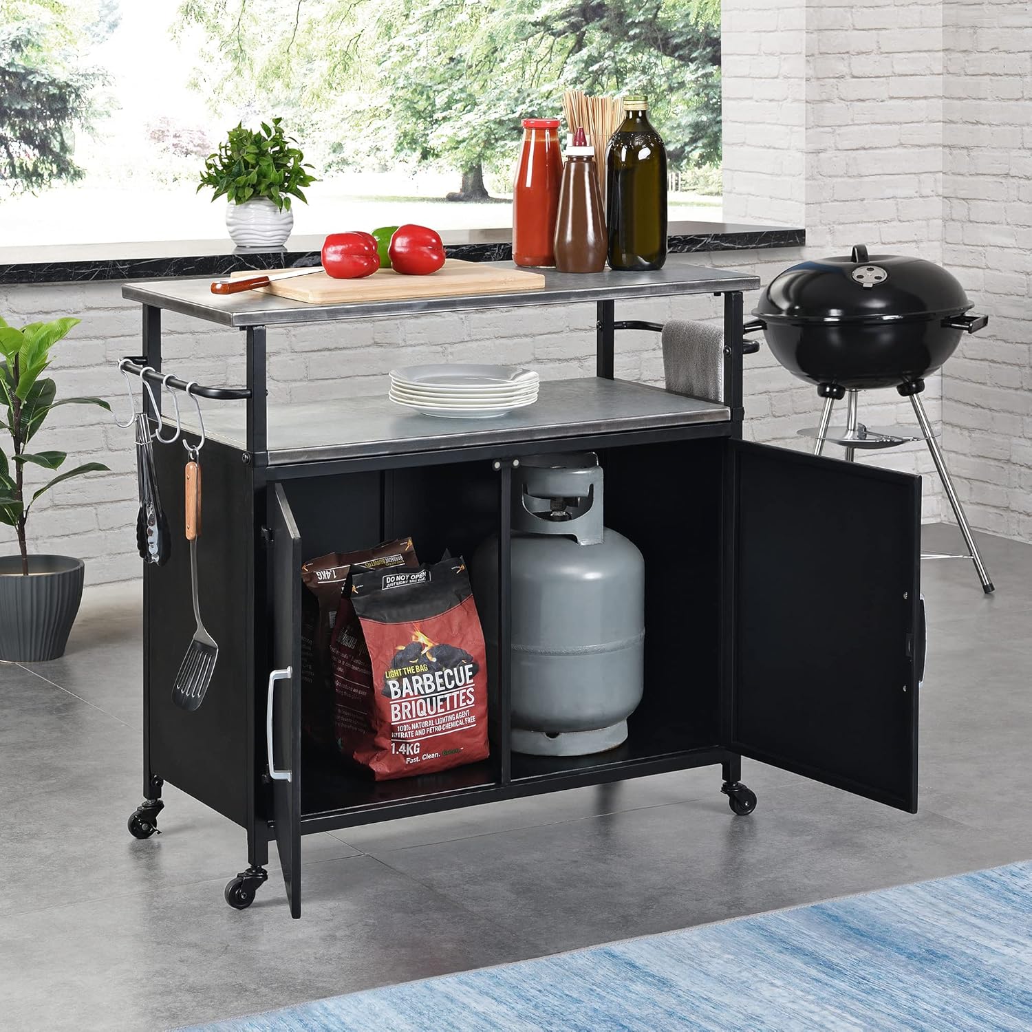 FirsTime & Co. New & Improved Black Davidson Outdoor Grilling Kitchen Cart Island, Portable Patio Table, Metal Food Prep Worktable, 31.5 in. x 35.25 in.