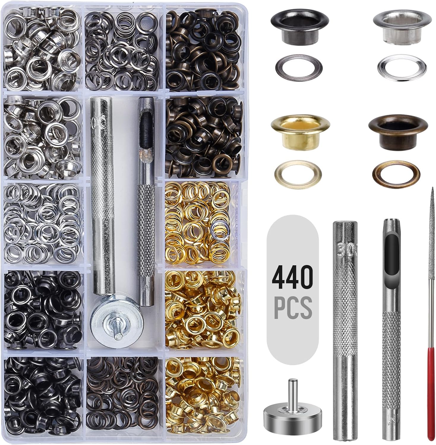 3/16 Inch Grommet Tool Kit, Preciva 440Pcs Grommets Eyelets Sets & Extra Grinding Rod, Eyelet Tool for Leather Craft, Belts, Bags, Shoes (4 Colors Eyelet Punch Kit)