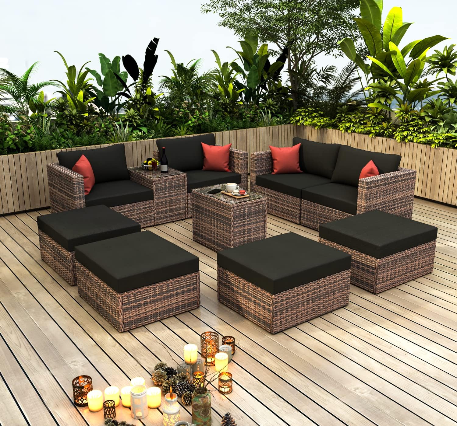 Goohome, Conversation Patio Set, 10 Pieces Wicker Outdoor Sectional Sofa with Black Cushions and Red Pillows,w/Furniture Protection Cover, for Backyard Lawn Garden, 1, K-Brown